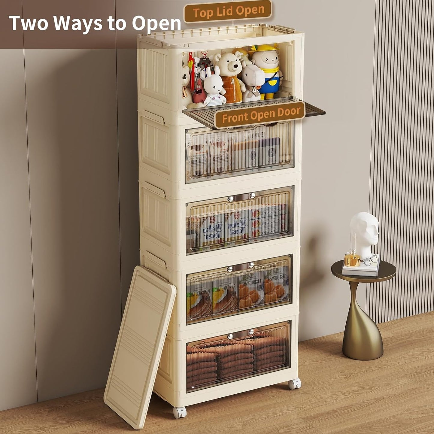 5 Tier - 34QT Storage Bins with Lids, Collapsible Storage Bins with Doors and Wheels, Plastic Storage Cabinet for Easy Storage and Organization for Living Room, Office