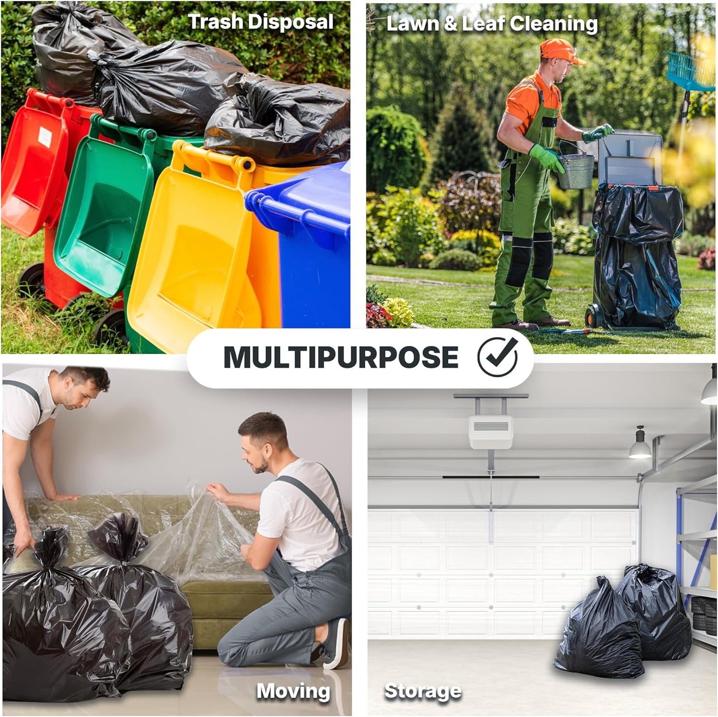 45 Gallon Trash Bags, 30 Micron Heavy Duty Pure LDPE Garbage Can Liners, 40" x 46" Large, Black, 100 Count