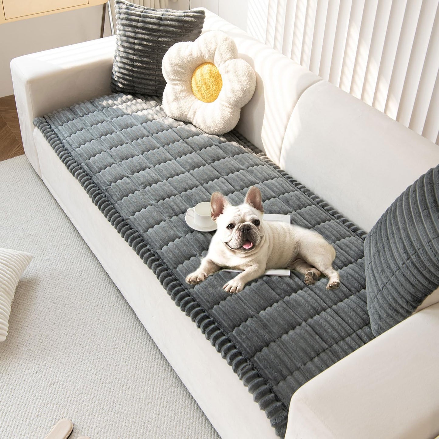 OTOB Sofa Covers for 3 Cushion Couch Washable, Fuzzy Non Slip Pet Friendly Couch Cover Protector Love Seat, All Seasons Soft Plush Furniture Bed Mats Sofa Slipcovers (Dark Gray, 31.5" x 70.9'')