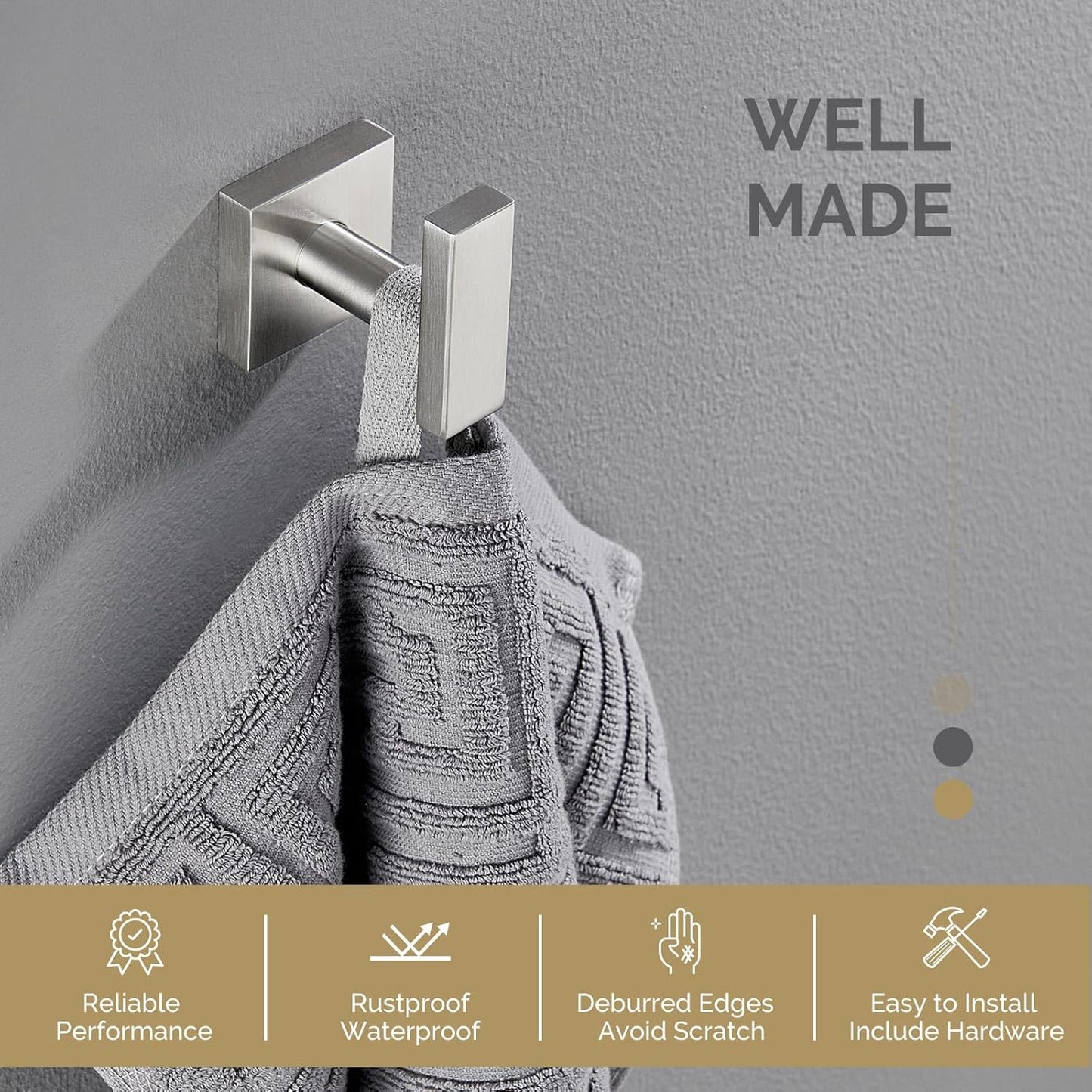 Angle Simple Bathroom Towel Hook, SUS304 Stainless Steel Single Shower Towel Hanger for Wall, Kitchen Cabinet Closet Coat Robe Holder Wall Mounted, Brushed Nickel