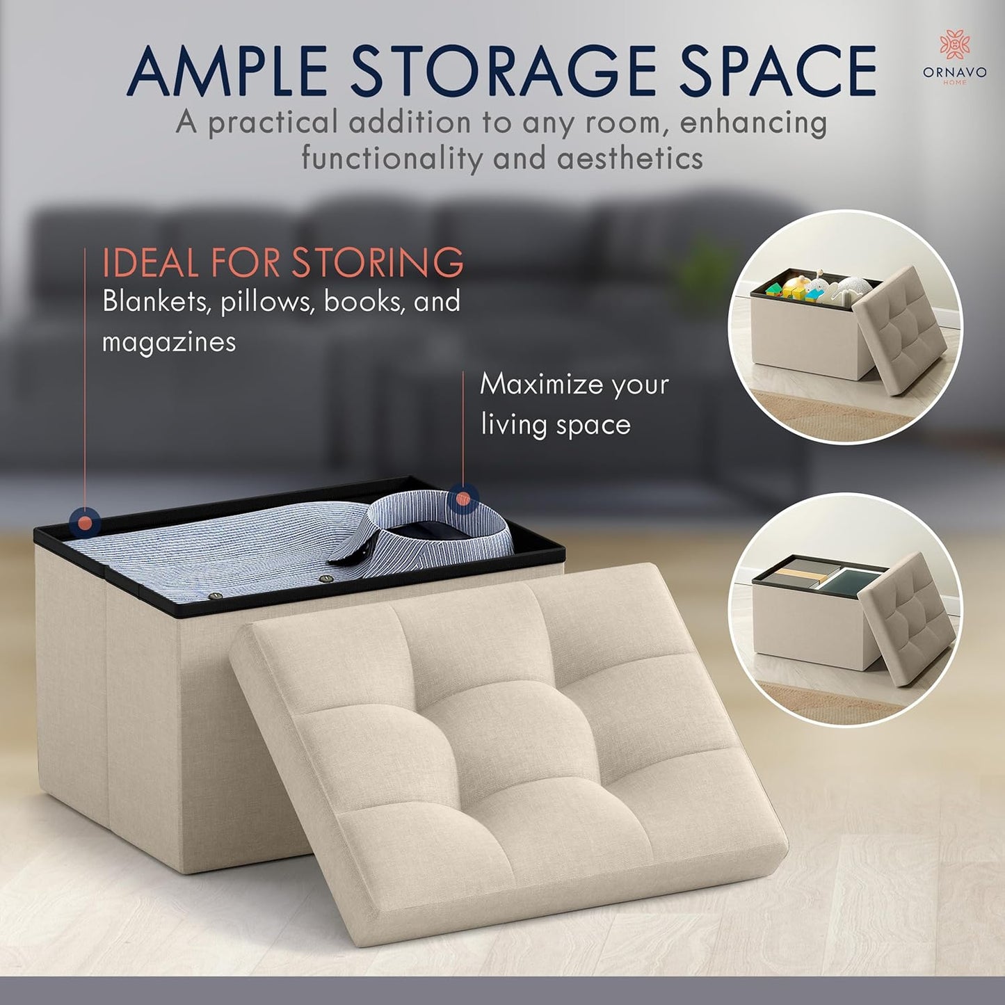 Ornavo Home Small Storage Ottoman, Set of 2, Foldable Collapsible Rectangle Linen Ottoman Foot Rest Stool Seat, for Living Room, Bedroom, Home Office, Dorm - 12 x 16 x 12, Beige