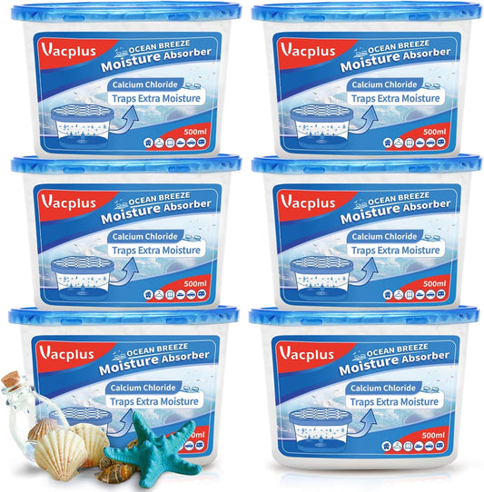Vacplus Moisture Absorbers 6 Pack, 10.5 Oz Portable Humidity Absorber Boxes for Your Bathroom, Closet & Car, Dehumidifier with Ocean Fragrance, Light Blue
