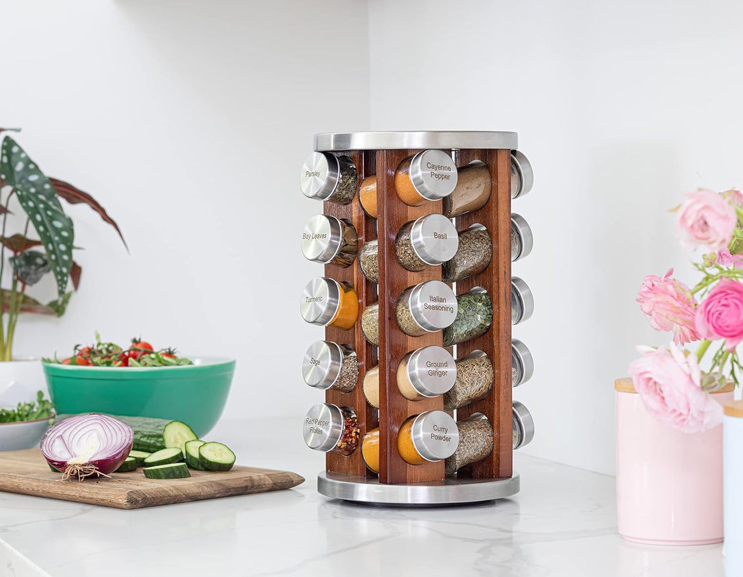 Orii 20 Jar Dark Acacia Wood Spice Rack with Spices Included - Rotating Tower Organizer for Kitchen Spices and Seasonings, (Dark Stained Acacia Wood)