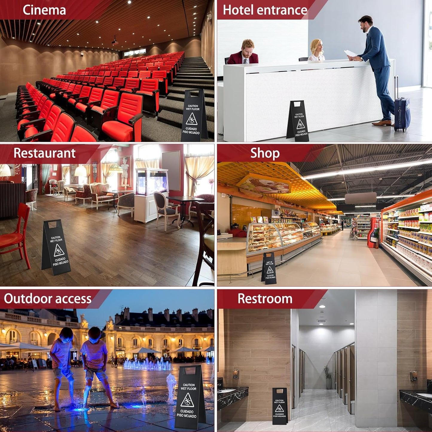 LEIFIDE 4 Pcs Stainless Steel Wet Floor Caution Sign Bulk 8.8 Pound Portable Foldable Handle Bilingual Safety Sign for Kitchen Restaurant Shop Commercial Use Avoid Fall and Slip Accident (Black)