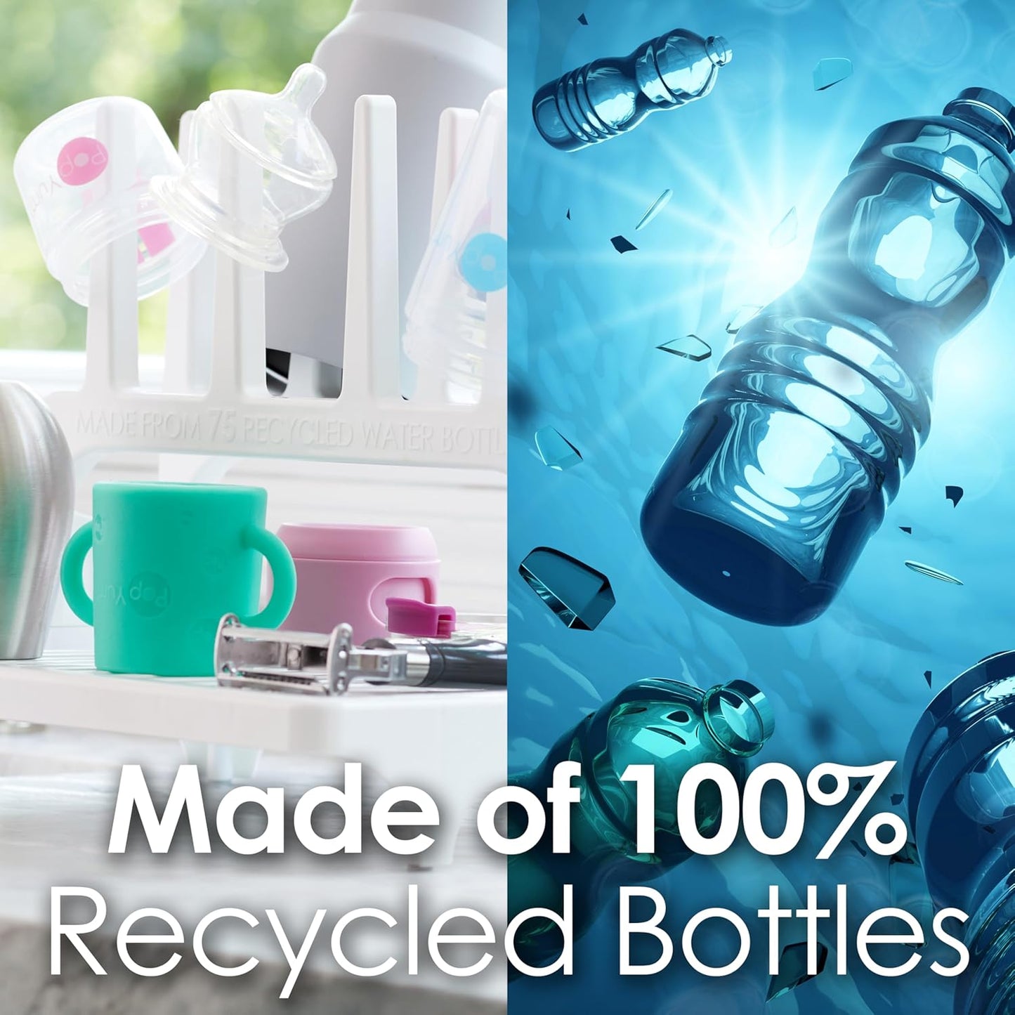 PopYum Glacier White Space Saving Drying Rack from 100% Recycled Bottles with Clear Frosted Silicone Drying Mat, countertop for Baby Bottles, Plastic Bags, Cups, Glass, tumblers, Compact