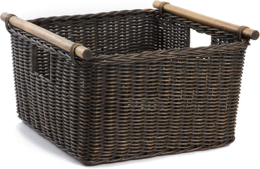 The Basket Lady Deep Pole Handle Wicker Storage Basket, Medium, 13.5 in L x 14 in W x 9 in H, Antique Walnut Brown