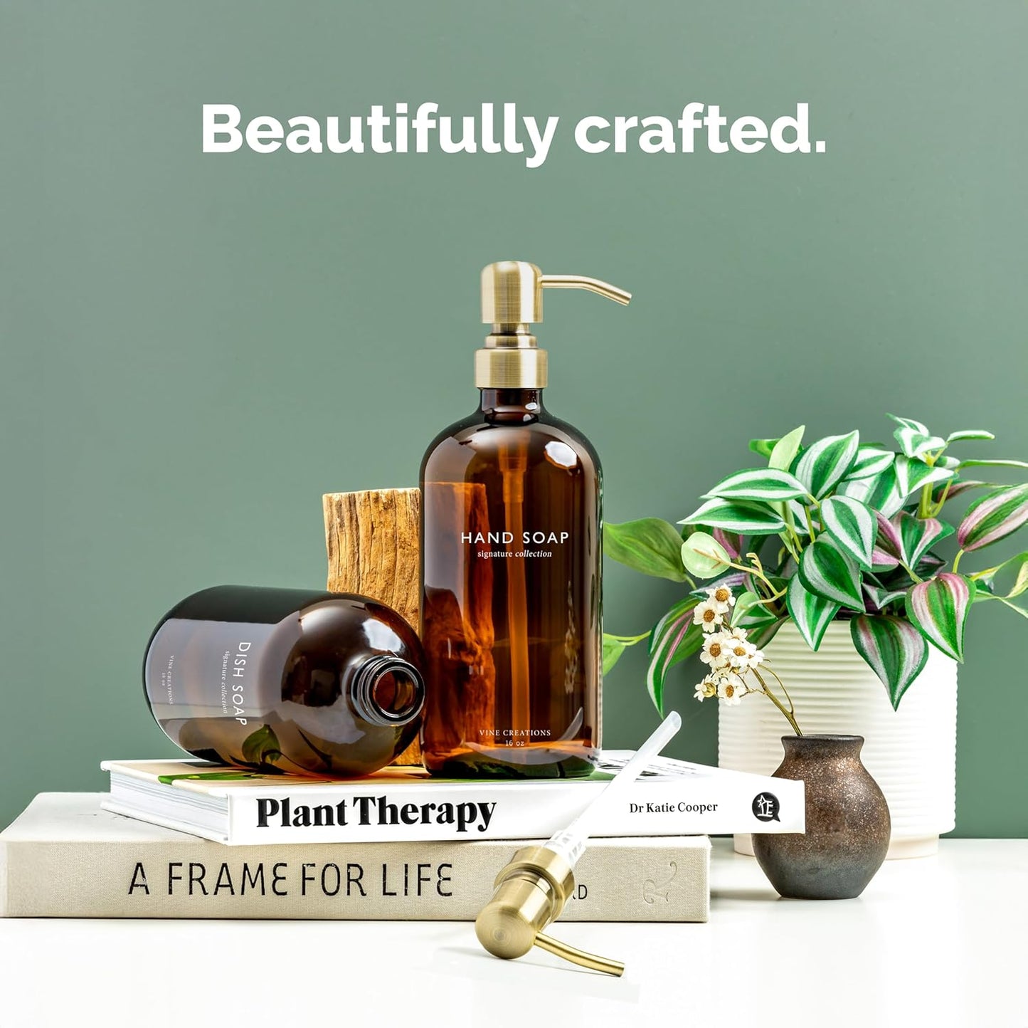 Vine Creations Amber Glass Soap Dispenser Set, Dish Soap and Hand Soap Dispenser Set with Stainless Steel Pump, 16 oz Glass Dispensers for Kitchen or Bathroom Decor (Amber Bottle/Brushed Brass Pump)