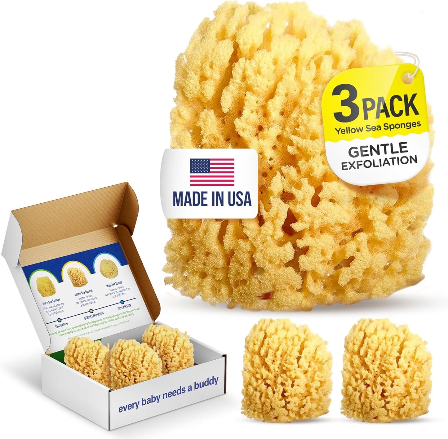 Baby Buddy Baby Bath 4in Yellow Sea Sponge, Absorbent Natural Sea Sponge, Soft on Tender Skin, Biodegradable, Hypoallergenic, Bath Accessories for Bathing, 3 Pack