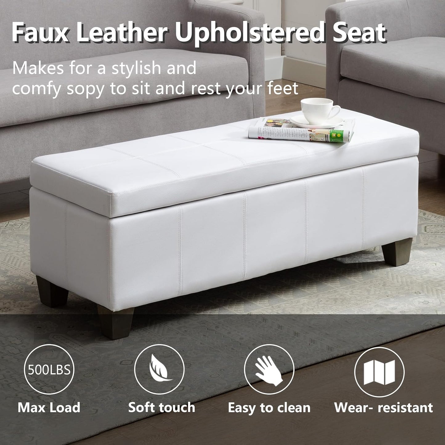 White Faux Leather Ottoman with Storage, Rectangular Extra Long Storage Bench for Bedroom and Living Room