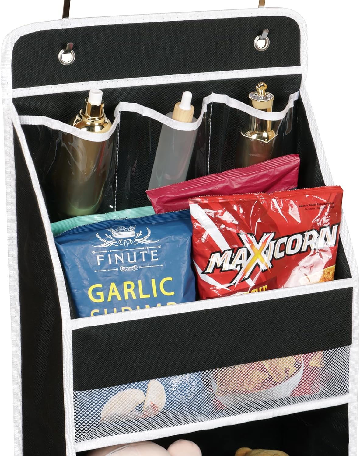 Univivi 5-Shelf Fabric Door Storage Over Door Hanging Organizer with 4 Large Pockets and 3 Small PVC Pockets Nursery Closet Cabinet Wall Mount Hanging Storage Organizers for Baby Nursery (Black)