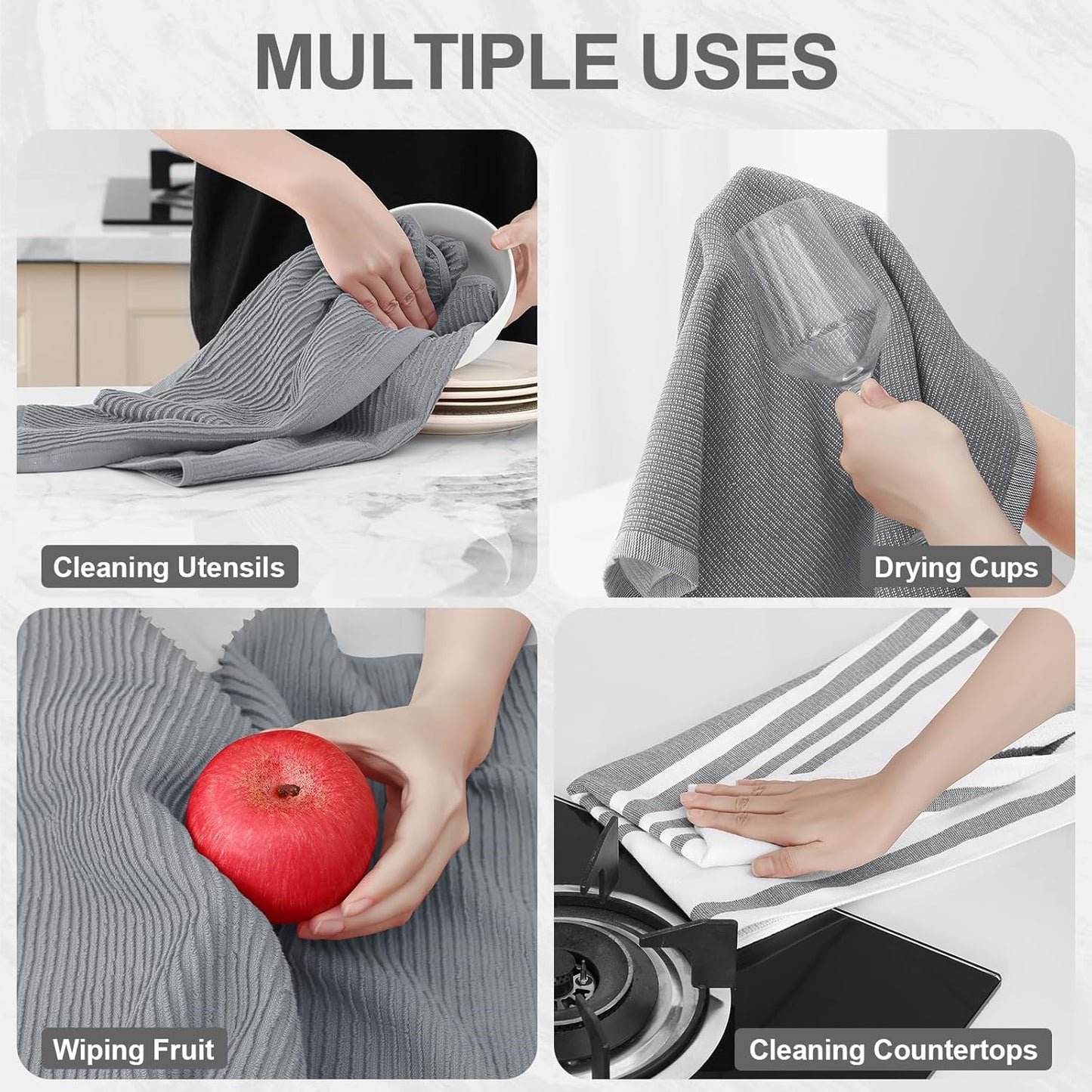 Homaxy Premium Kitchen Towels(18”x 28”, 9 Pack), Large Cotton 380 GSM Kitchen Hand Towels, Soft and Absorbent Terry Dish Towels, Multipurpose Tea Towel Set with Hanging Loop, Grey