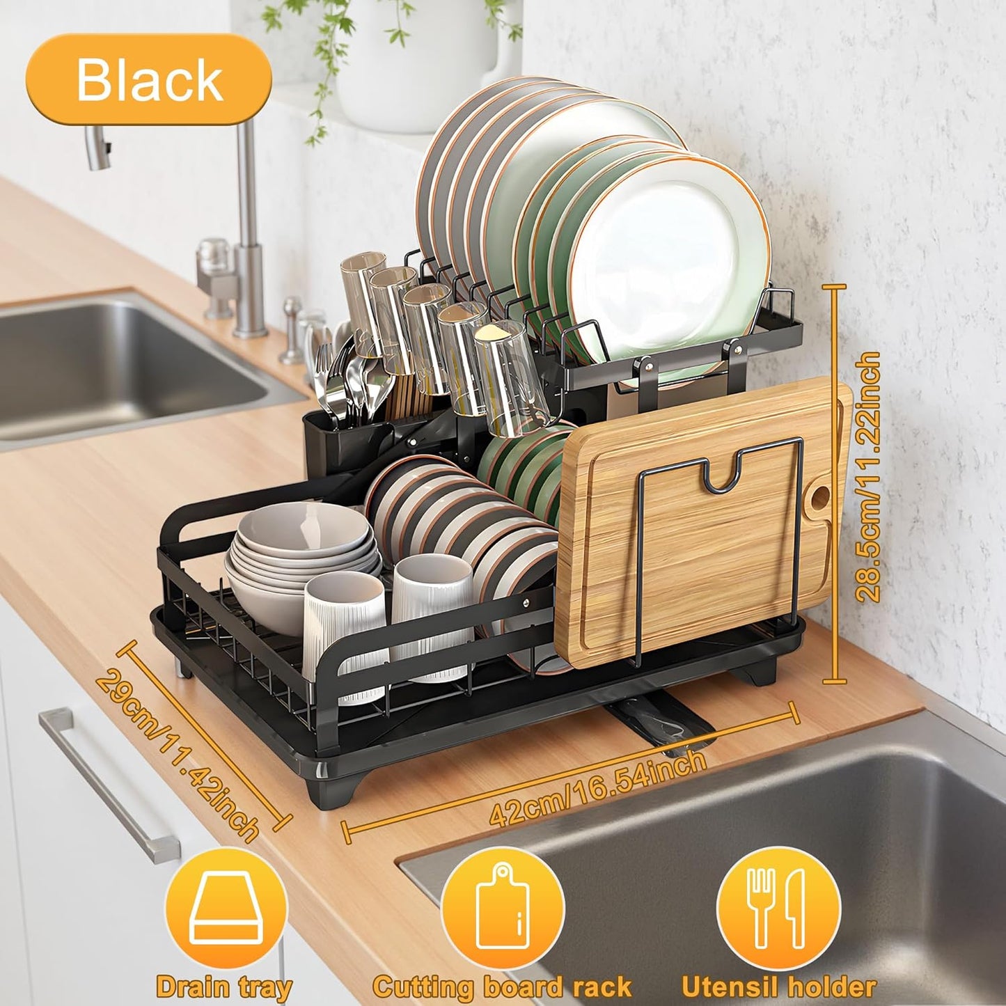 Dish Drying Rack Large 2 Tier Carbon Steel Dish Rack for Kitchen Counter,2-Tier Kitchen Organizers and Storage Rack with Drainboard and Cutlery Holder,Black, Folds Storage