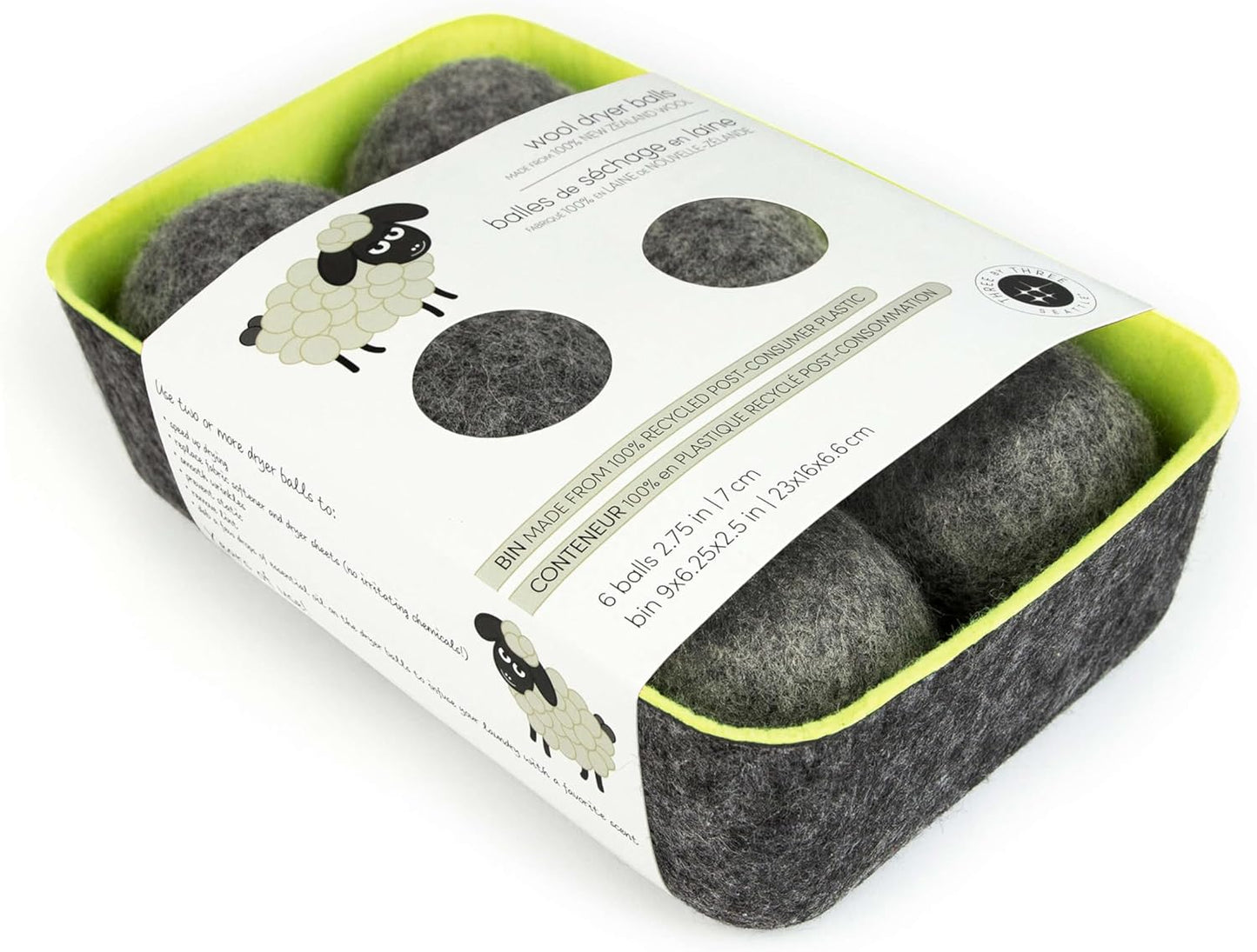 Three by Three Seattle Felt·Like·it!™ Wool Dryer Balls + Storage Bin: Reduce Drying Time, Static Cling, and Energy Use | Natural Alternative to Fabric Softeners (Pack of 6)