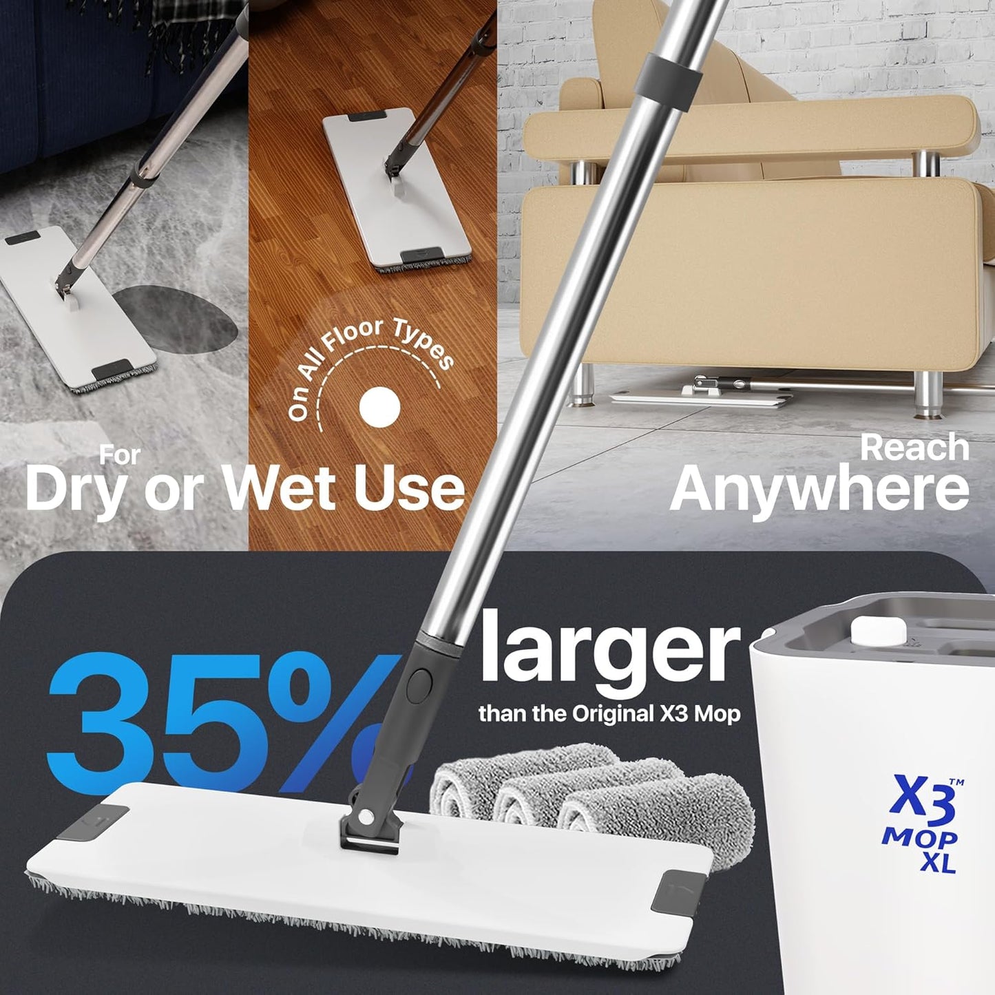 X3 Mop XL, Separates Dirty and Clean Water, 3-Chamber Design, Flat Mop and Bucket Set, Hands Free Home Floor Cleaning, 3 Reusable Microfiber Mop Pads Included