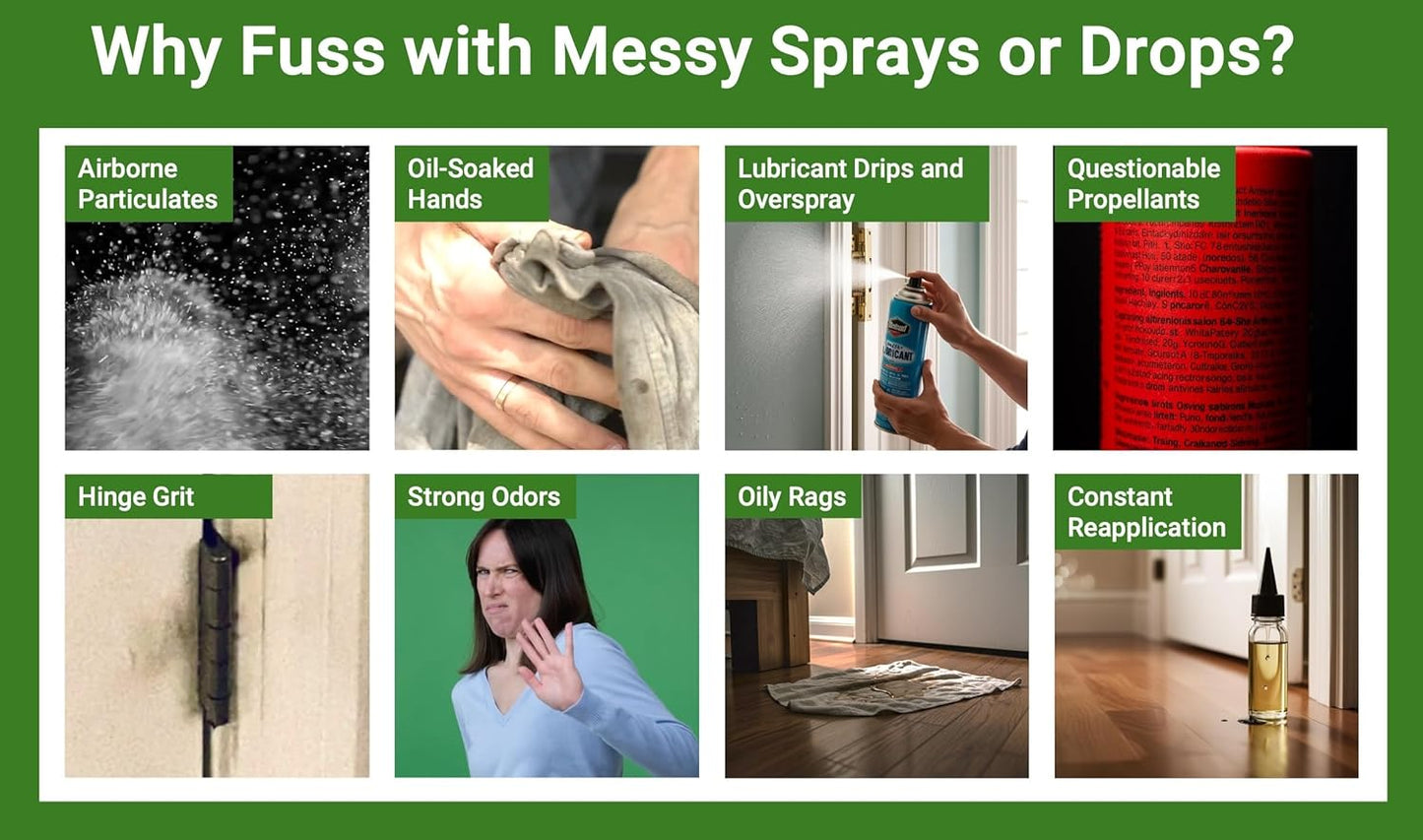 The First-of-Its-Kind Lubricant Cartridge for Squeaky Door Hinges. Mess-Free, Odorless, Sprayless & Prelubricated. Hinge Husher™ Lubricant Cartridges (3 Pack - Gold)