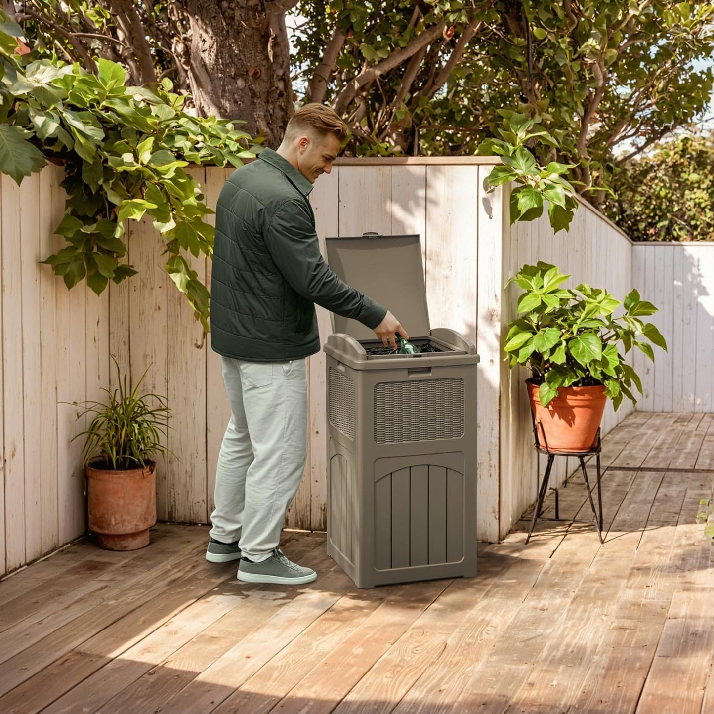 YESHOMY 33 Gallon Resin Outdoor Trash Can with Lid, Hideaway Waterproof Patio Garbage Bin, Coffee