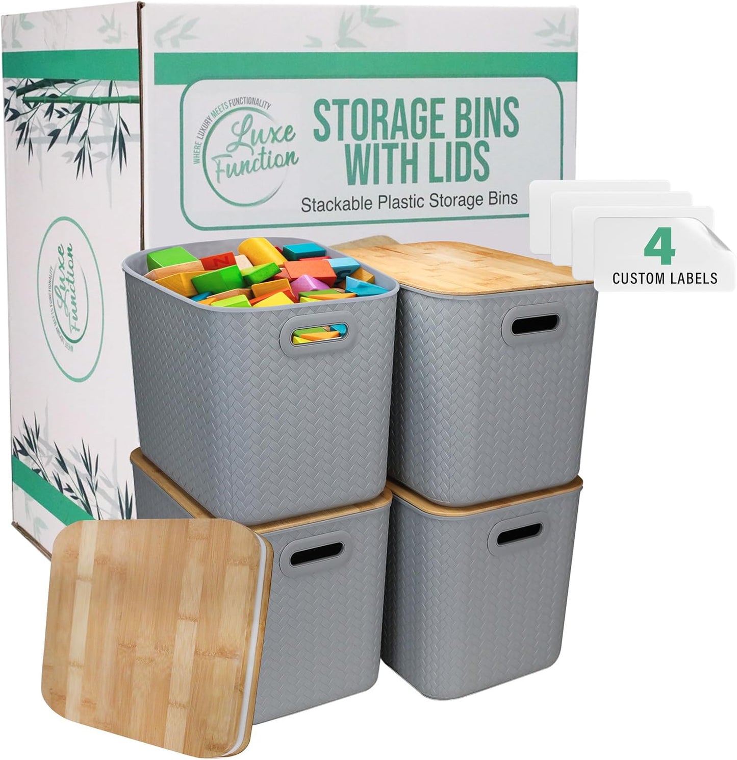 Storage Bins with Bamboo Lid – Stackable, Multi-Purpose Organizers for Pantry, Closet, Kitchen, and Home – Elegant Wicker-Style Design with Ergonomic Handles (Grey)