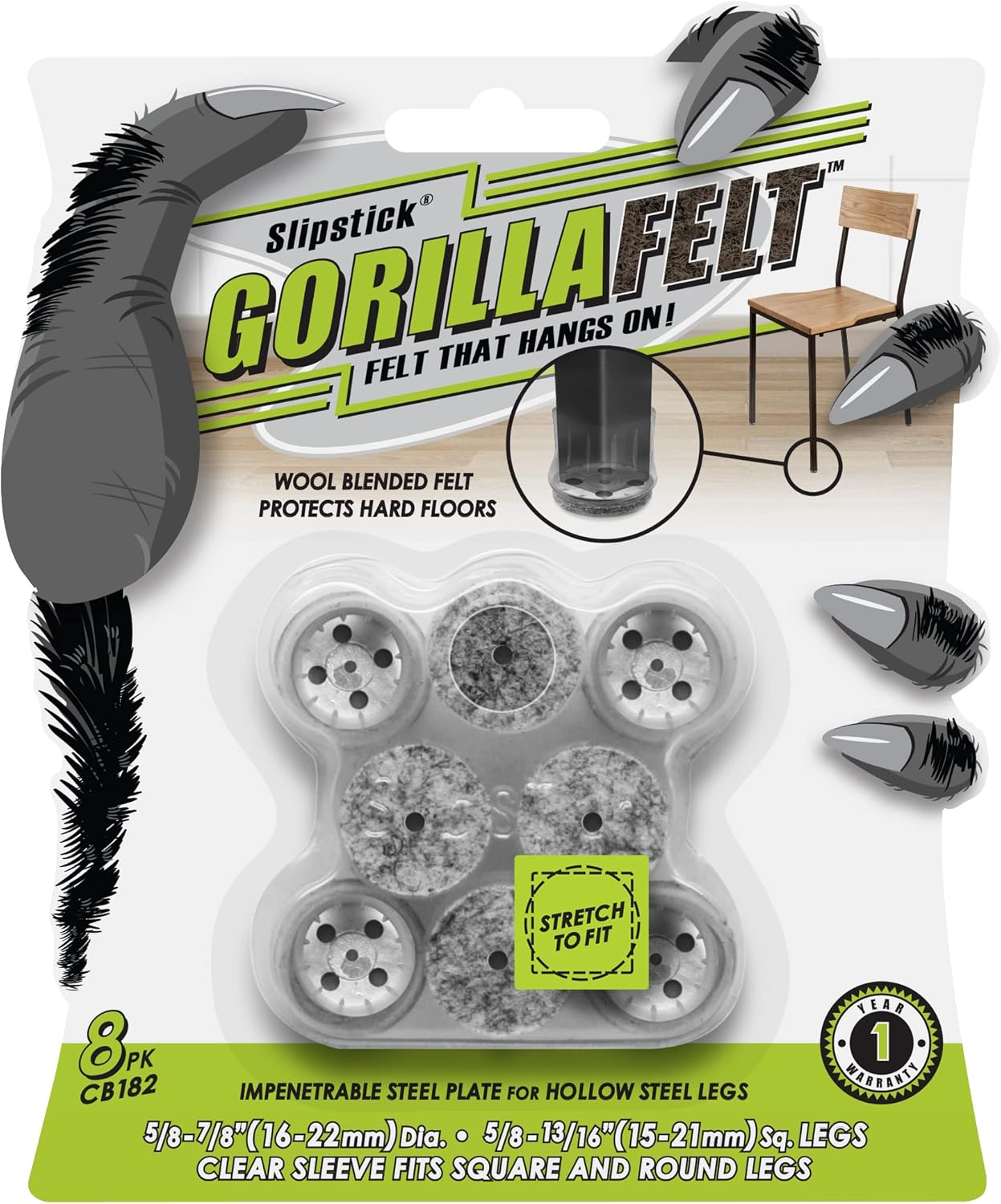 Slipstick GorillaFelt Chair Leg Floor Protectors for Hardwood Floors, Clear Sleeve Felt Pads for Furniture That Stay On, Fits Round & Square Legs, Includes 8 Premium Transparent Chair Socks, CB182