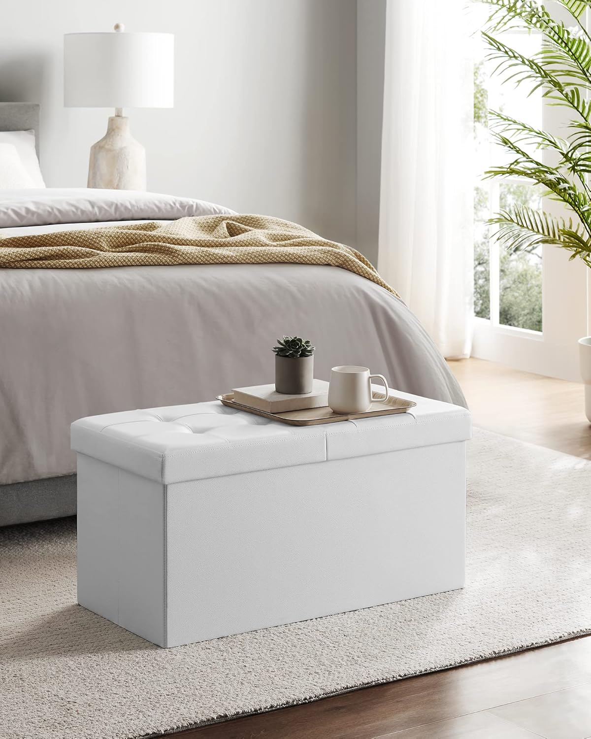 SONGMICS MAZIE Collection - 30 Inches Storage Ottoman Bench with Flipping Lid, Storage Chest Footstool, Load 660 lb, for Entryway, Living Room, Bedroom, Synthetic Leather, White ULSF45WT