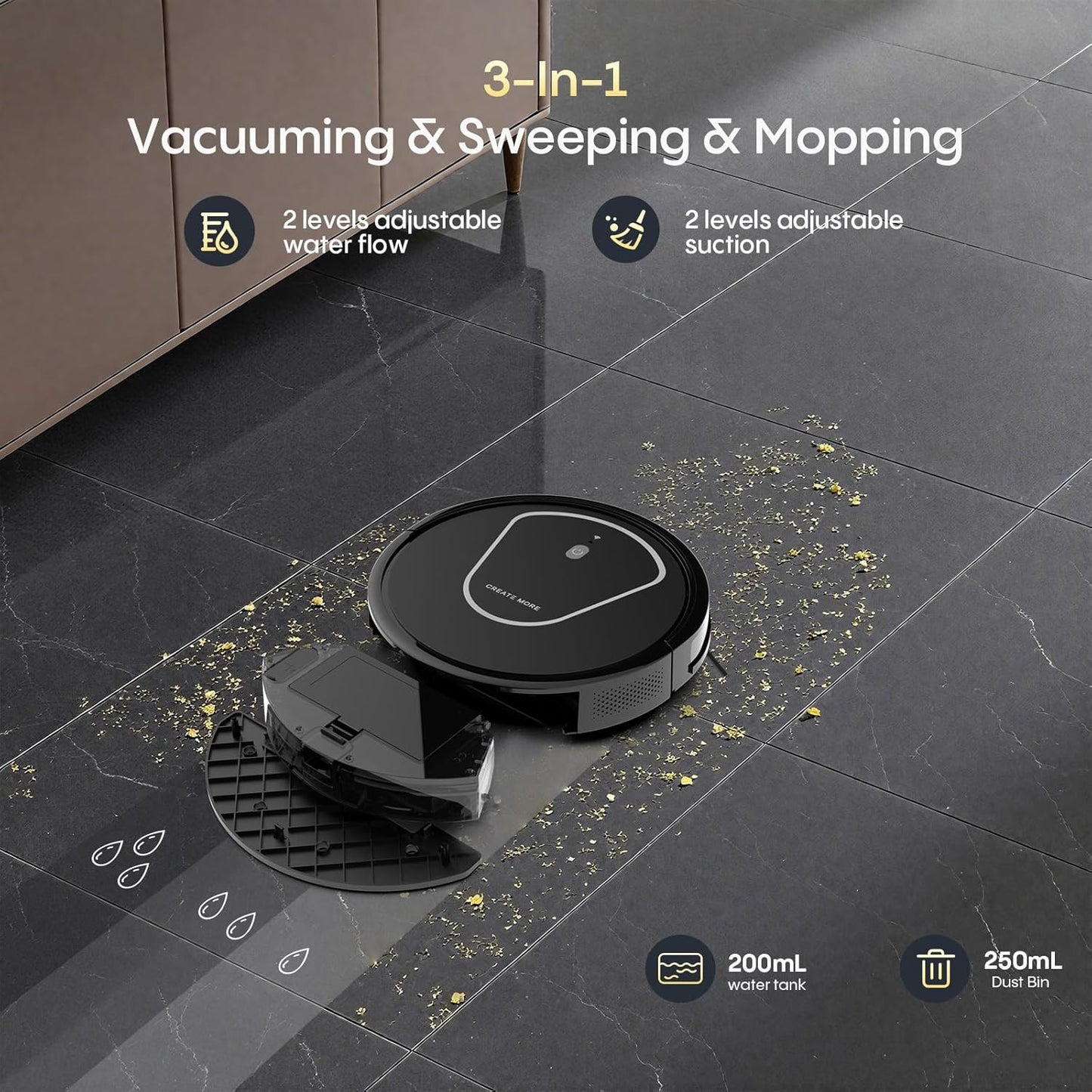 Bagotte Robot Vacuum and Mop Combo, 3 in 1 Vacuum Robot with 5000Pa Strong Suction,WiFi/App/Voice, Schedule, Self-Charging, Slim, Ideal for Hard Floor, Pet Hair, Carpet