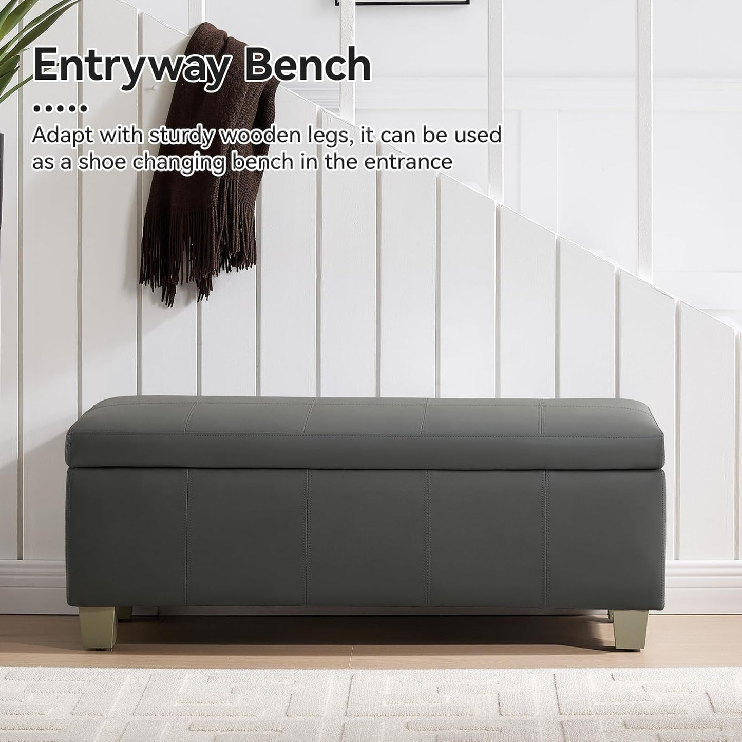 41" Faux Leather Storage Ottoman, Stitch Tufted Rectangle Upholstered End of Bed Storage Bench, Entryway Large Couch Ottoman with Wooden Legs,Dark Grey