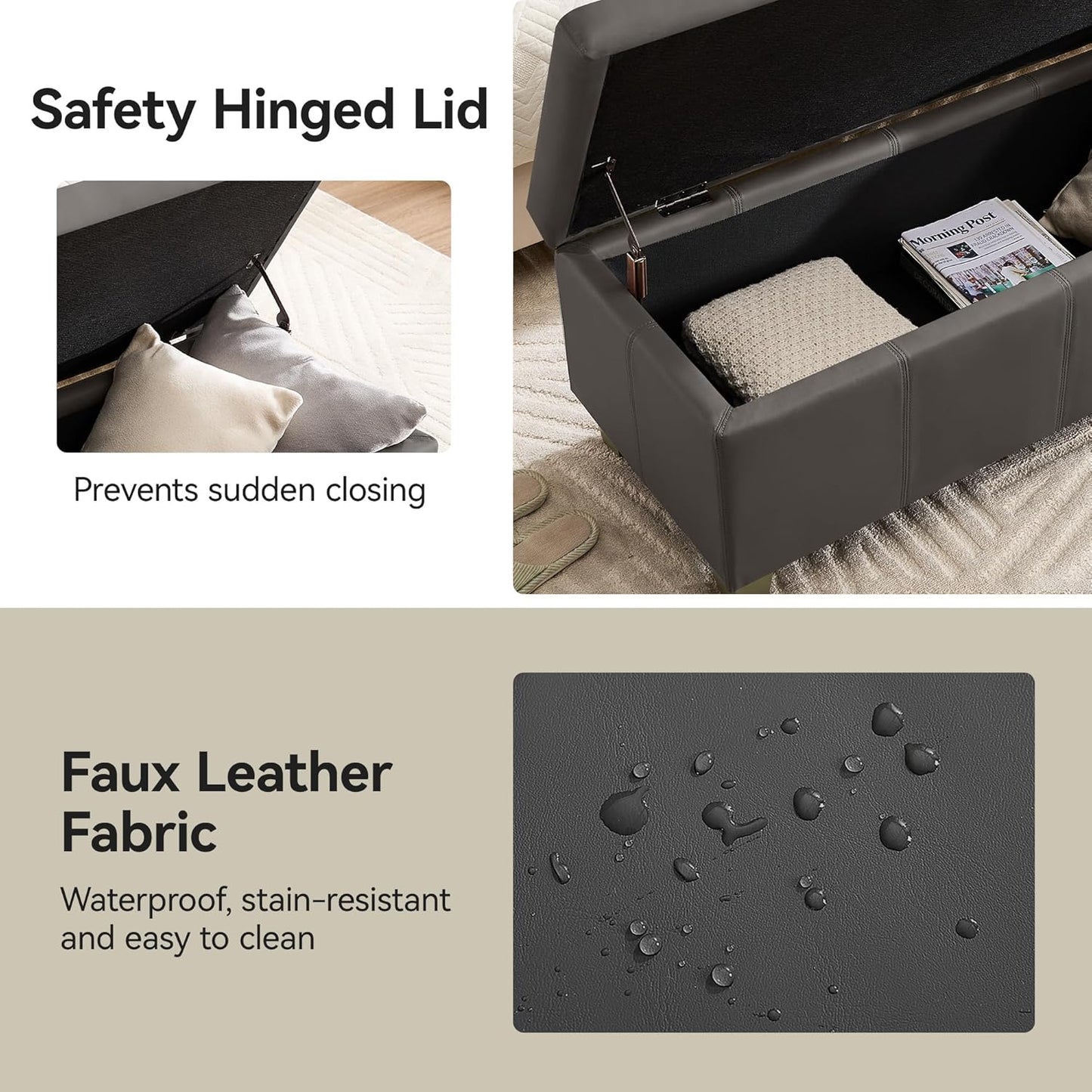 51" Faux Leather Storage Ottoman, Stitch Tufted Rectangle Upholstered End of Bed Storage Bench, Entryway Large Couch Ottoman with Wooden Legs,Dark Grey