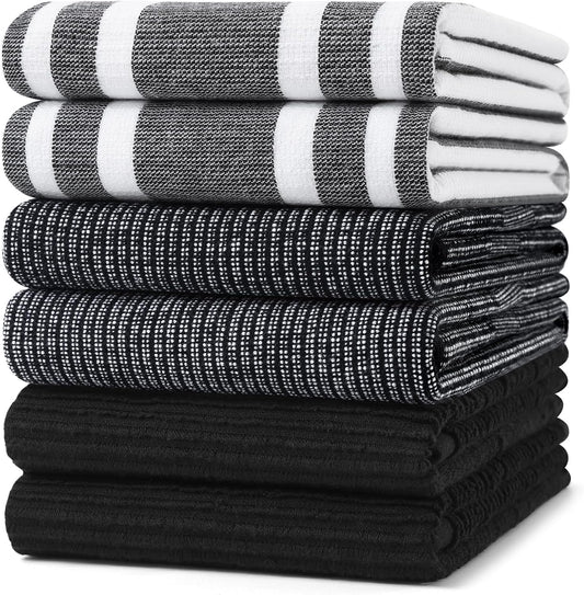 Homaxy Premium Kitchen Towels(18”x 28”, 6 Pack), Large Cotton 380 GSM Kitchen Hand Towels, Soft and Absorbent Terry Dish Towels, Multipurpose Tea Towel Set with Hanging Loop, Black