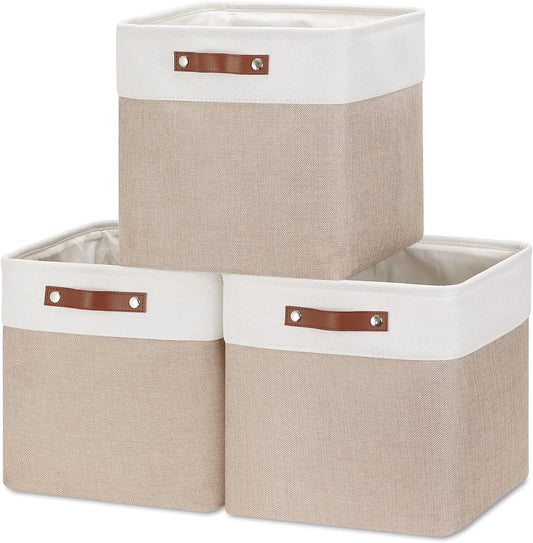 HNZIGE Cube Storage Baskets for Shelves Foldable Storage Baskets(3 Pack) Cube Storage Bin,13 Inch Storage Basket for Organizing with Leather Handles for Toys, Clothes, Kids, Closet (White&Beige)