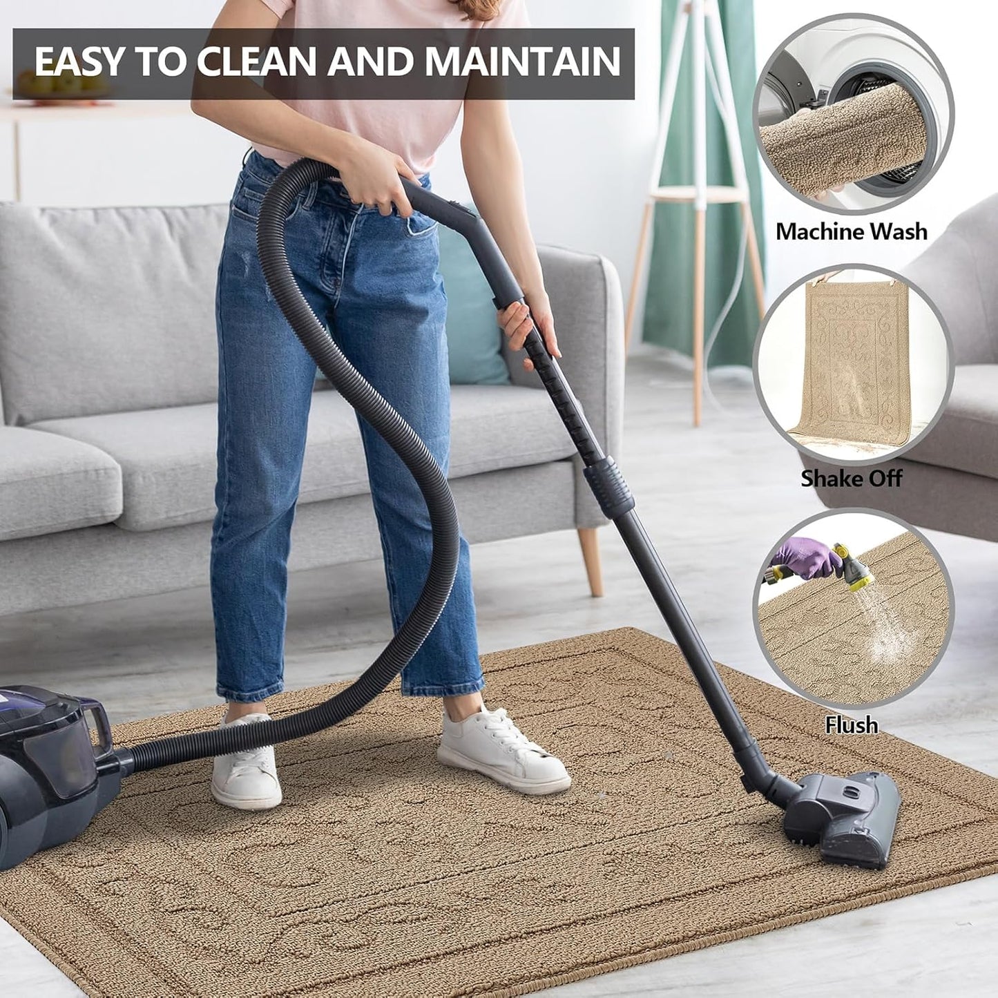 FONEYI Indoor Door Mat 32" x 48", Dirt Trapper Door Mats Non-Slip Entryway Rugs Washable, Absorbent Resist Dirt Welcome Mat, Low Profile Inside Floor Mats for Front Back Door and Entryway, Beige