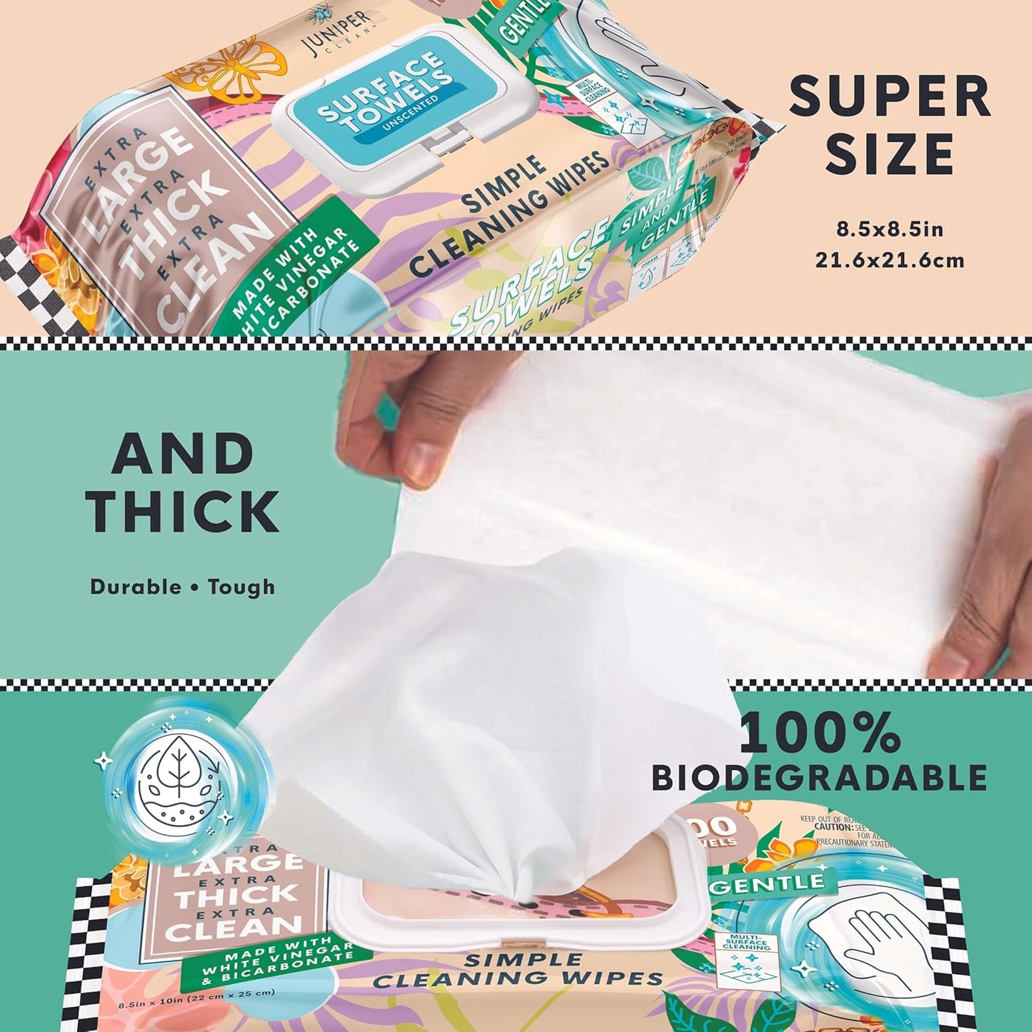 Single Surface Cleaning Wipes Bleach Free, Thick & Large Dispose, All-Purpose Cleaner for Bathroom, Kitchen, Office, 100 Count Soft Flow, Biodegradable, No Scent