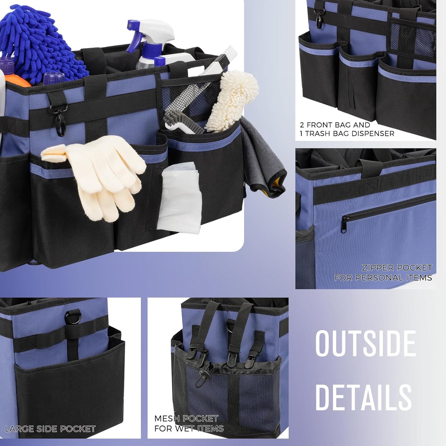 Wearable Cleaning Caddy, Cleaning Caddy Supplies Organizer with Handle & Shoulder Straps for Housekeepers, Under Sink & Car Cleaning Tool Organizers Bag with 4 Foldable Divider (CeruleanBlue)