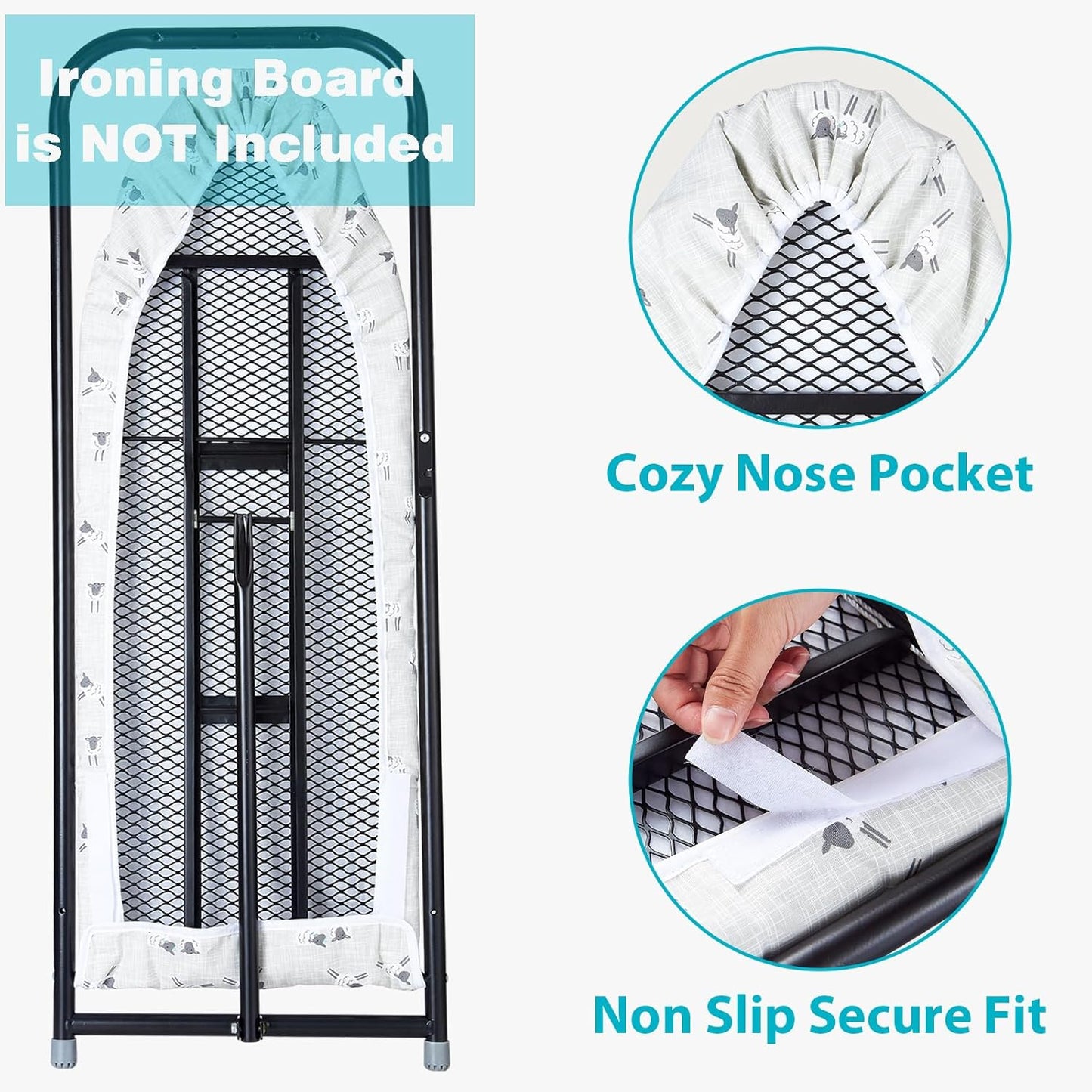 Over The Door Ironing Board Cover 13 x 37 inch, Small Iron Board Cover w 3 Layers Heat Reflective Thick Padding with Hook and Loop Fasteners (Gray Sheep)