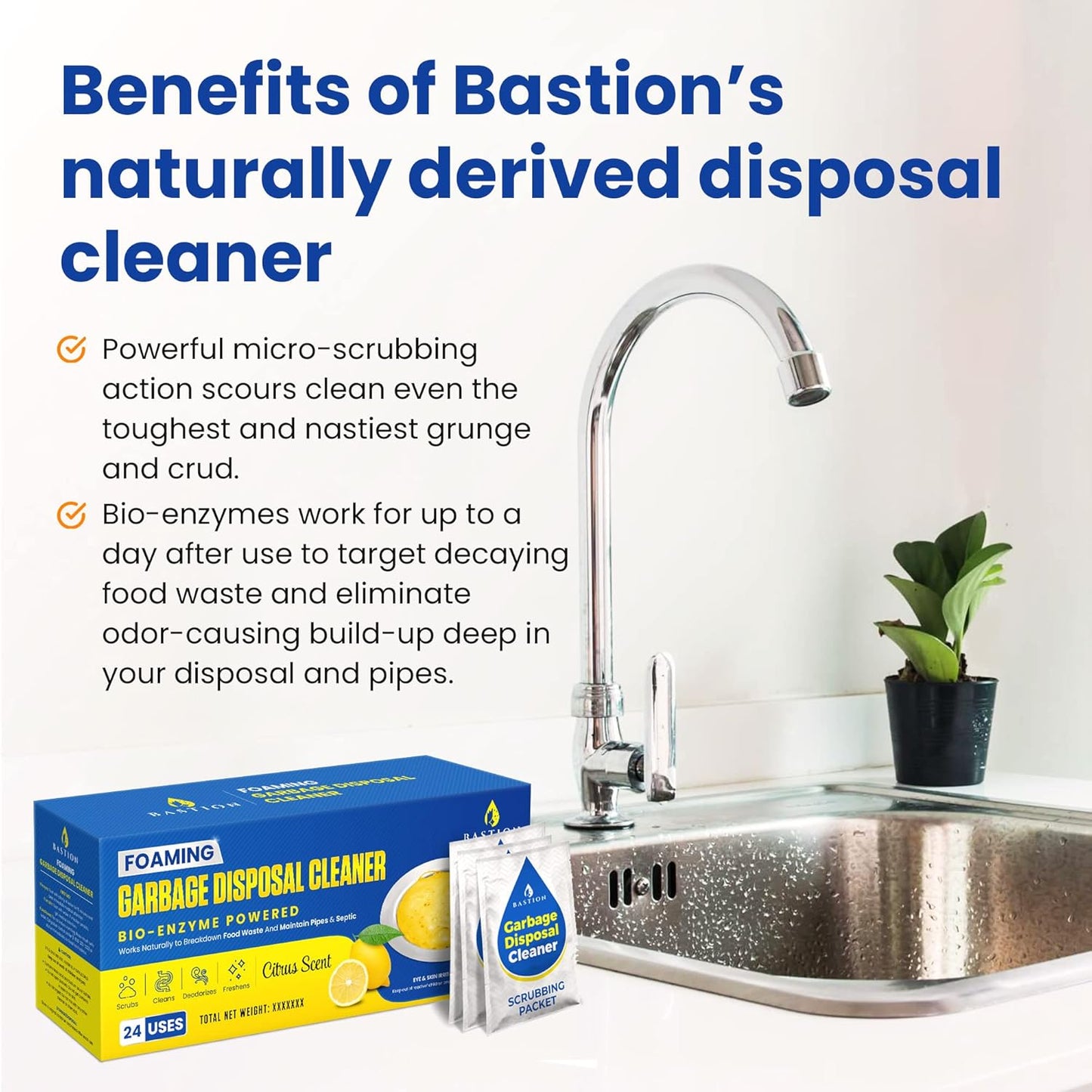 Garbage Disposal Cleaner and Deodorizer - 24-Count (1-Year Supply) Foaming Lemon Scented Kitchen Sink Freshener Pods & Drain Odor Eliminator Disposer Care by Bastion