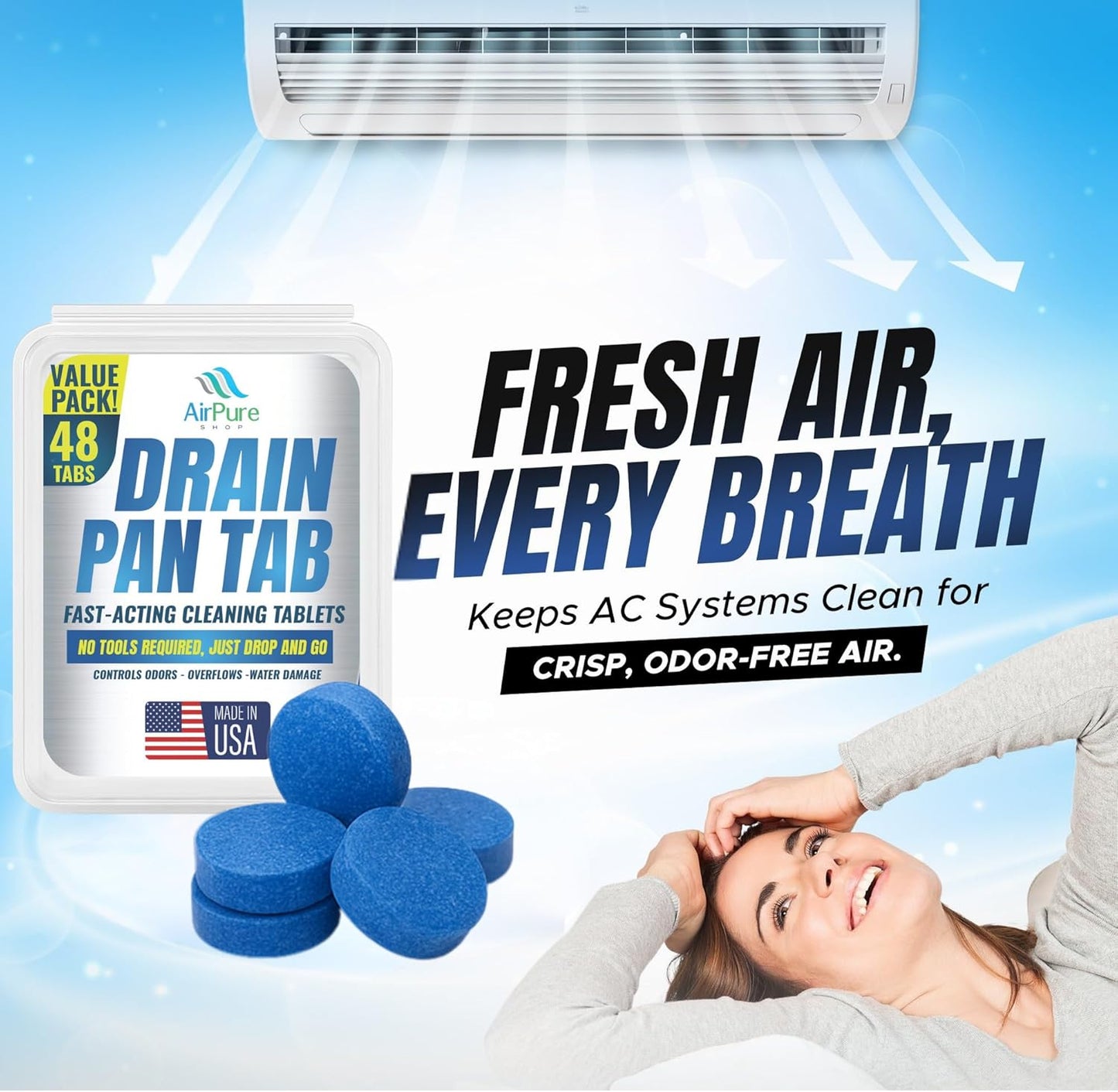 Air Pure Drain Pan Tabs - 48 Flow Treatment Tablets for HVAC & AC Condensate Pan Treatment | Prevents Overflow, Cleans Drain Lines, & Eliminates Odors