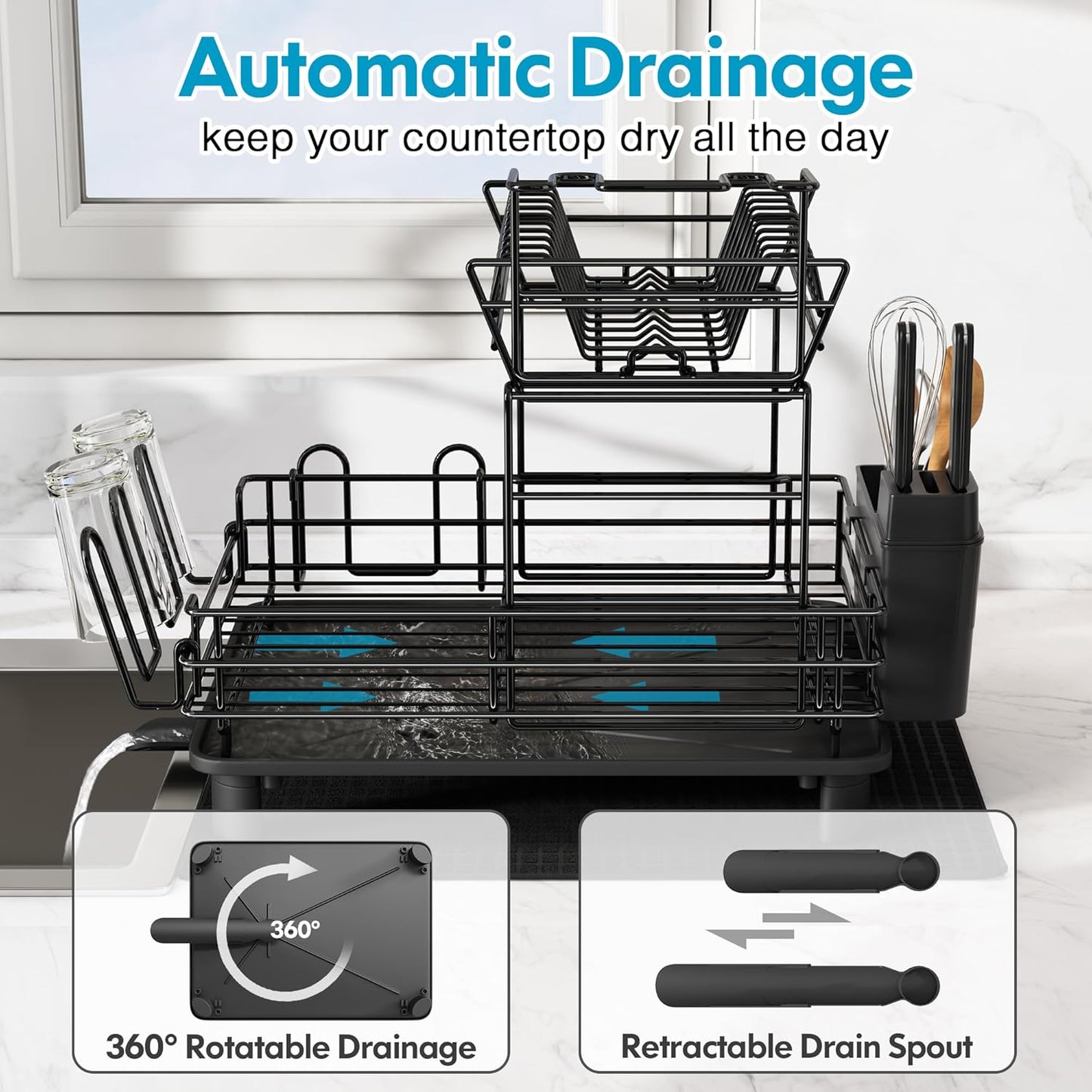 JASIWAY 2 Tier Black Large Stainless Steel Dish Drainers Drying Rack for Kitchen Counter with Drainboard, Rust Proof Metal, Space Saving, Modern Aesthetic, Compact Plates Strainers with Extra Mat