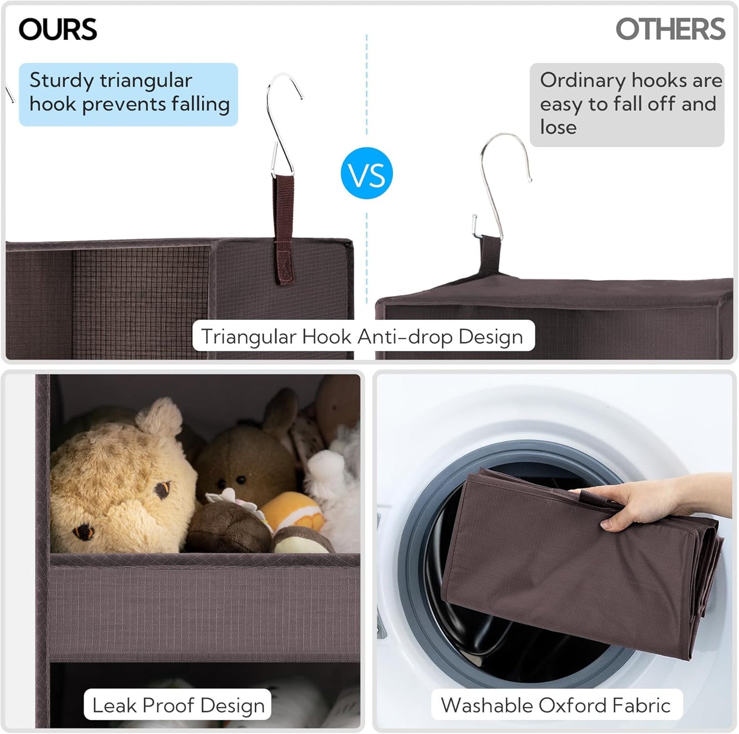 GRANNY SAYS 3 Shelf Hanging Closet Organizers and Storage, Collapsible Closet Storage Organizer with 2 Metal Hooks, Leak-Proof Hanging Shelves for Baby Clothes, Sweaters, 2 Pack, Dark Brown