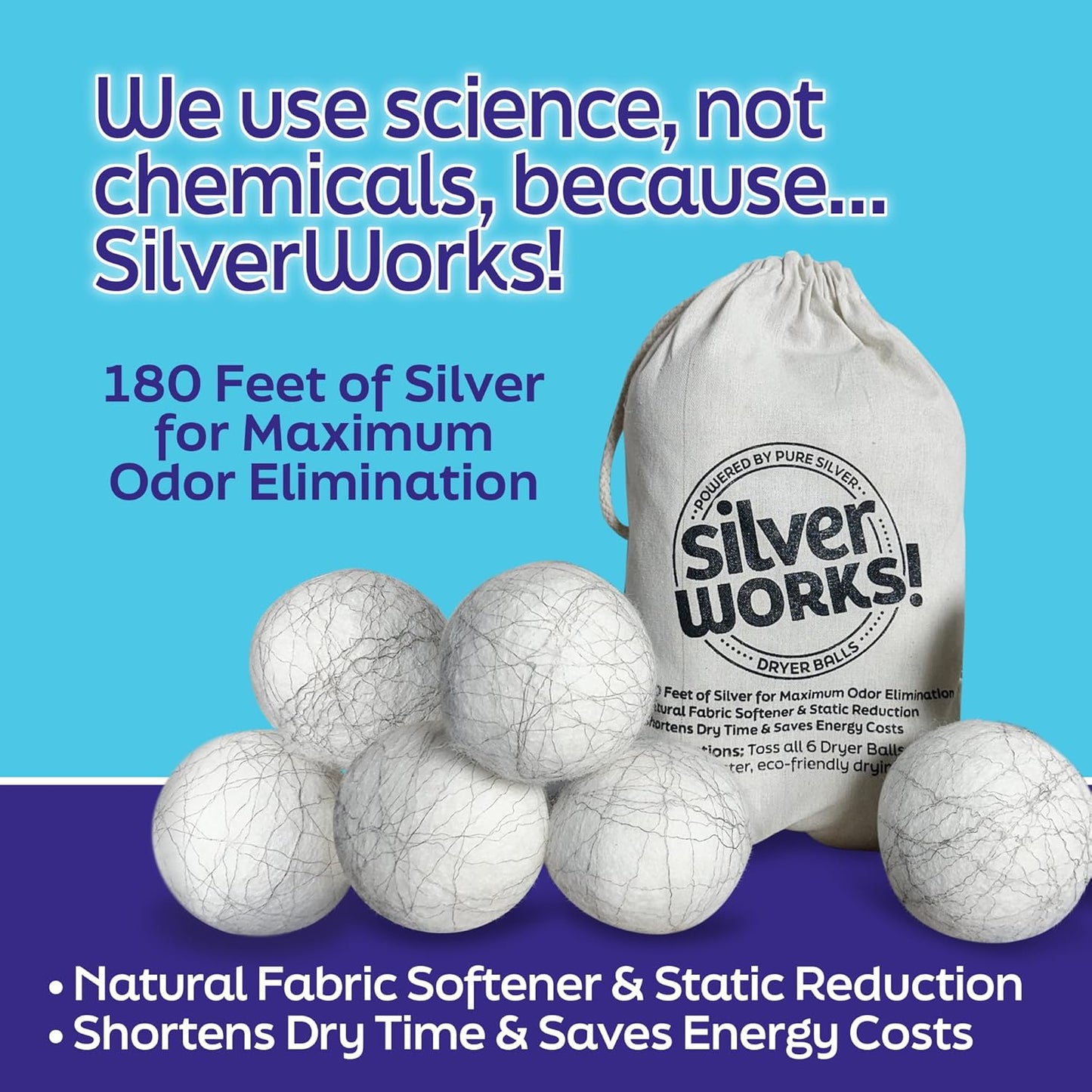 Wool Dryer Balls Laundry Reusable - Odor Eliminating Dryer Laundry Balls with Silver Technology - Natural Fabric Softener and Static Reducer, Reduce Drying Time and Energy Costs - 6 Pack