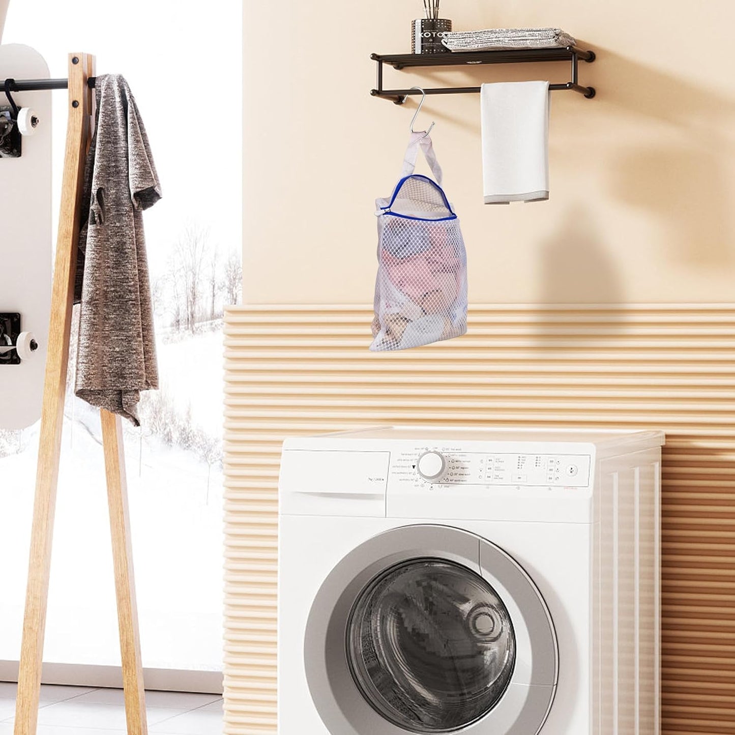 3 Pack Hanging Mesh Laundry Bags with S Metal Hooks,10x12 Inch Hanging Socks Laundry Bags, for Washing Machine