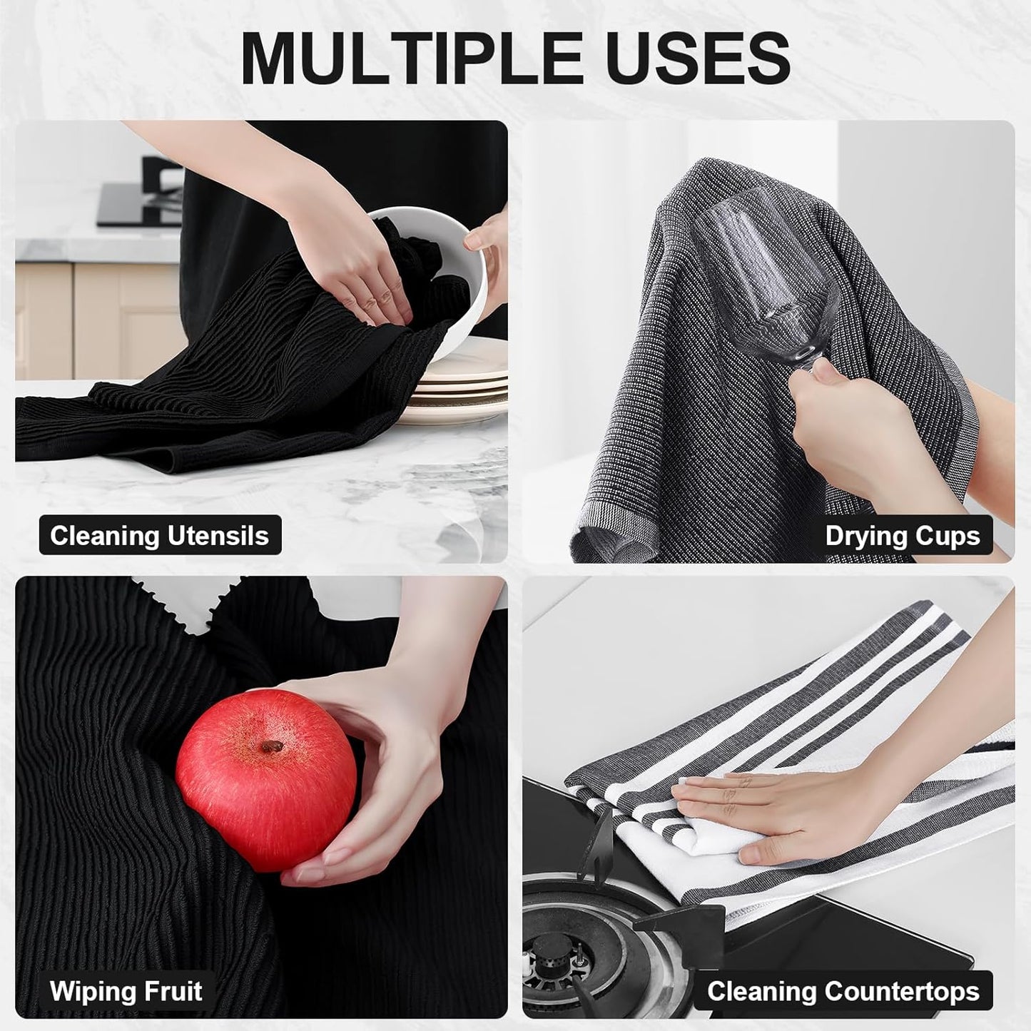 Homaxy Premium Kitchen Towels(18”x 28”, 12 Pack), Large Cotton 380 GSM Kitchen Hand Towels, Soft and Absorbent Terry Dish Towels, Multipurpose Tea Towel Set with Hanging Loop, Black