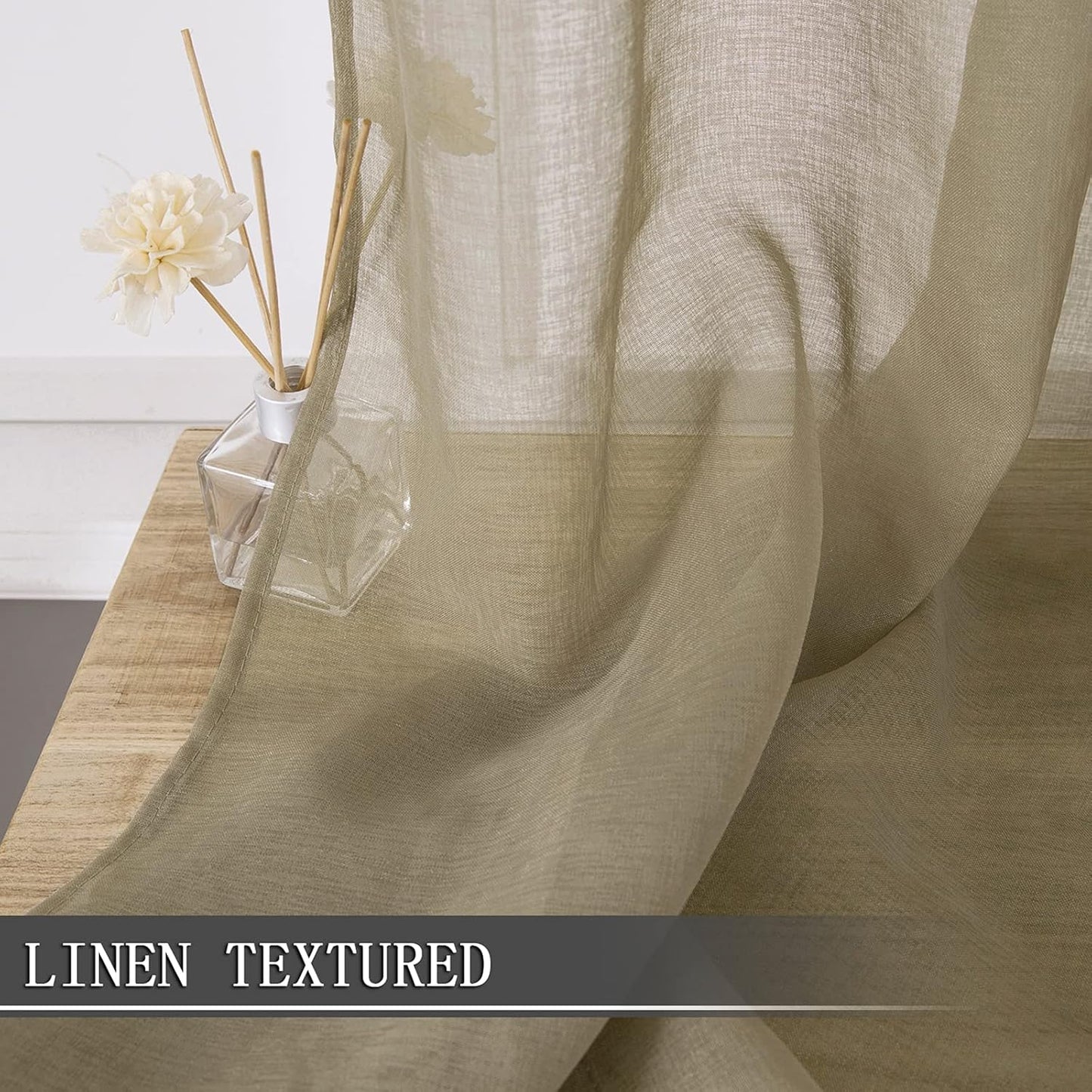 Tollpiz Short Sheer Curtain Linen Textured Bedroom Curtains Sheer Light Filtering Rod Pocket Voile Curtain for Living Room, 54 x 54 inches Long, Taos Taupe, Set of 2 Panels
