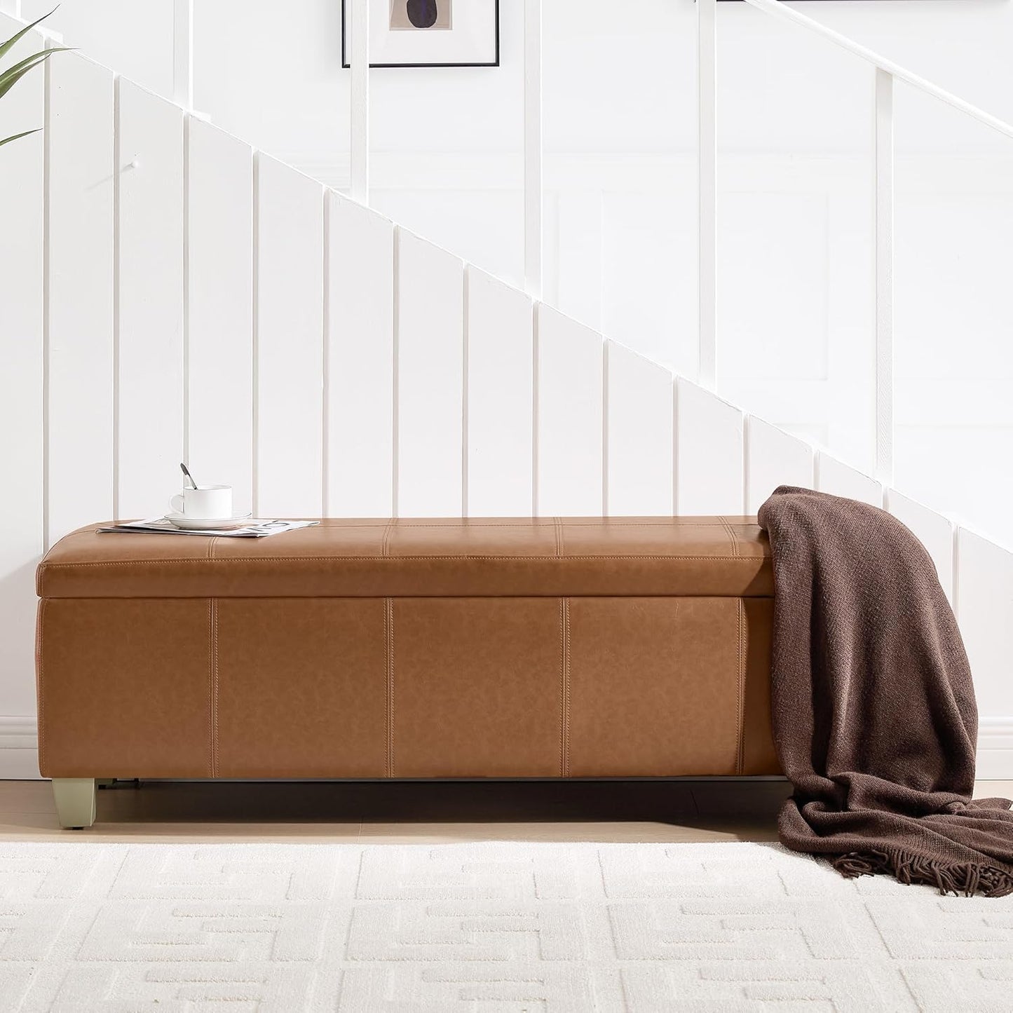 51" Faux Leather Storage Ottoman, Stitch Tufted Rectangle Upholstered End of Bed Storage Bench, Entryway Large Couch Ottoman with Wooden Legs, Light Brown