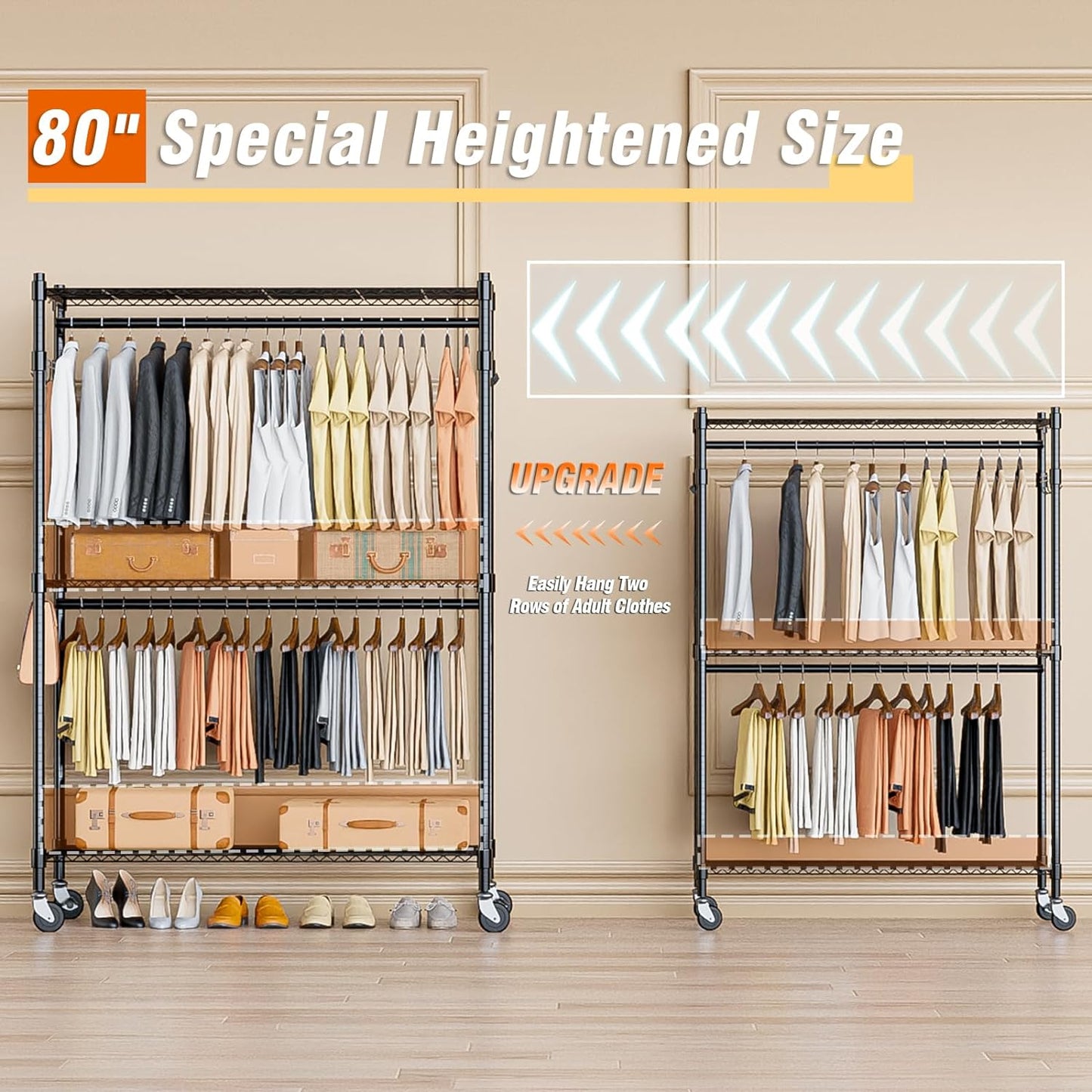 Homdox 3 Tier Heavy Duty Garment Rack with Wheels, Adjustable Wire Clothes Rack with Double Hanging Rods, Portable Closets for Hanging Clothes with Side Hooks, Black