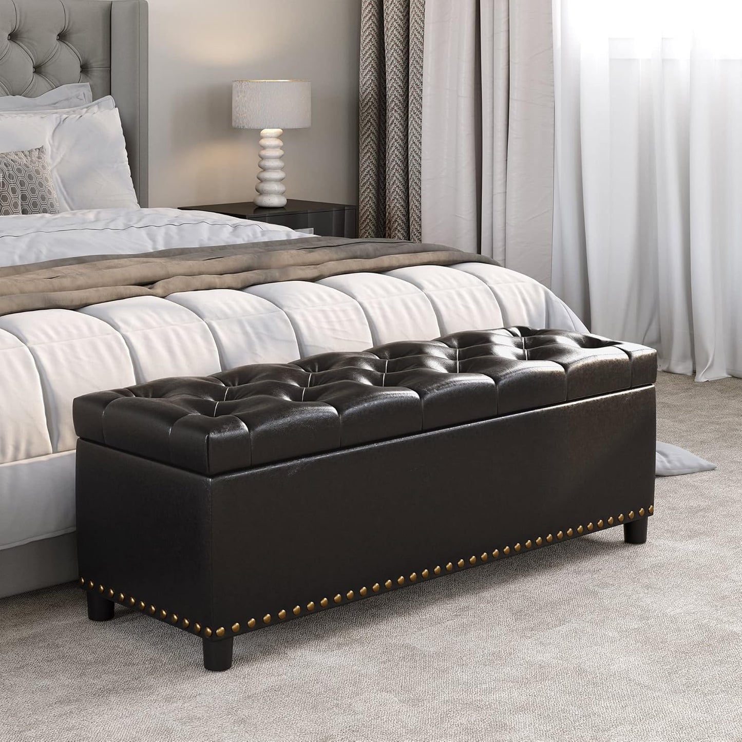 BELLEZE 47" Storage Ottoman, Storage Bench with Safety Close Hinge, Faux Leather Button-Tufted Ottoman for Living Room, Entryway, Hallway, Foot Rest, Support 300lbs - Dark Brown