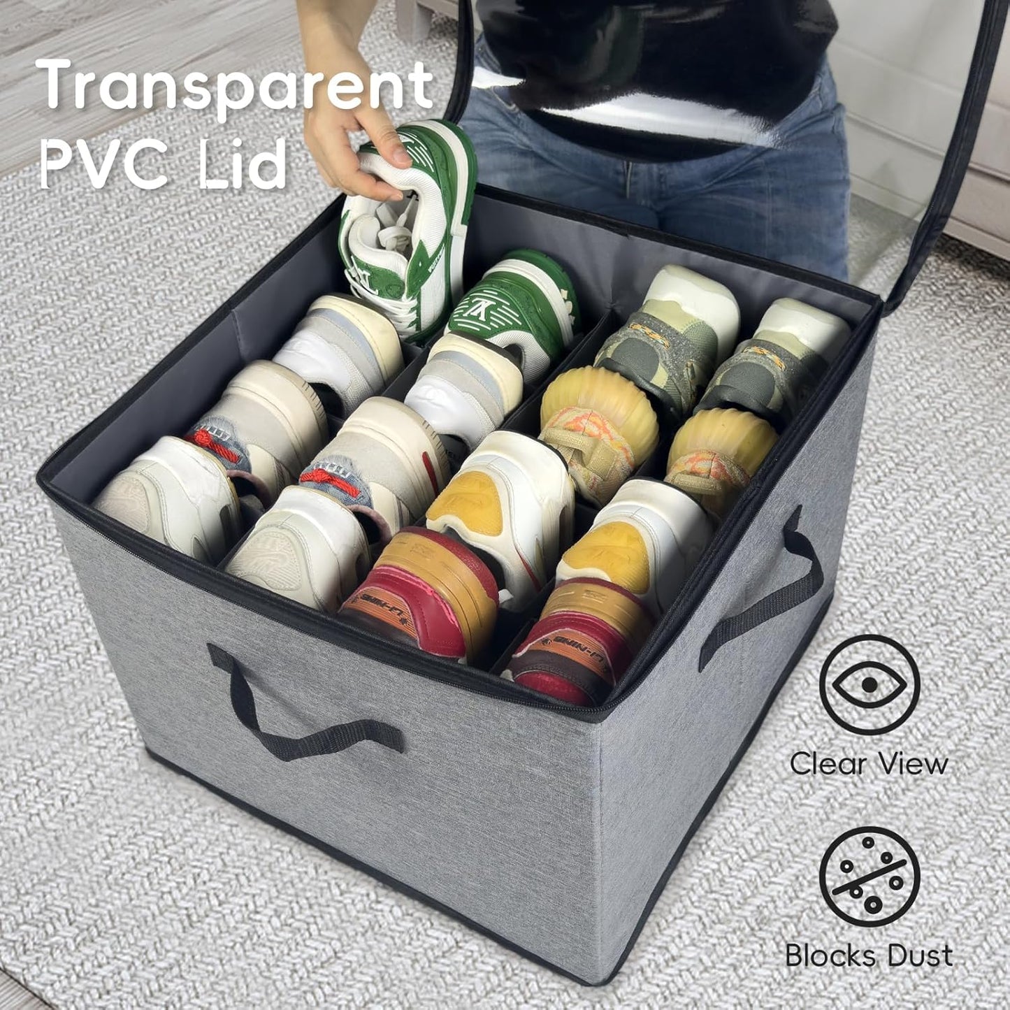 Shoe Organizer Box 2 Pack, Shoe Storage Organizer with Clear Cover, Adjustable Dividers Fits 16-32 Pairs, Fabric Shoe Organizer for Closet, Grey