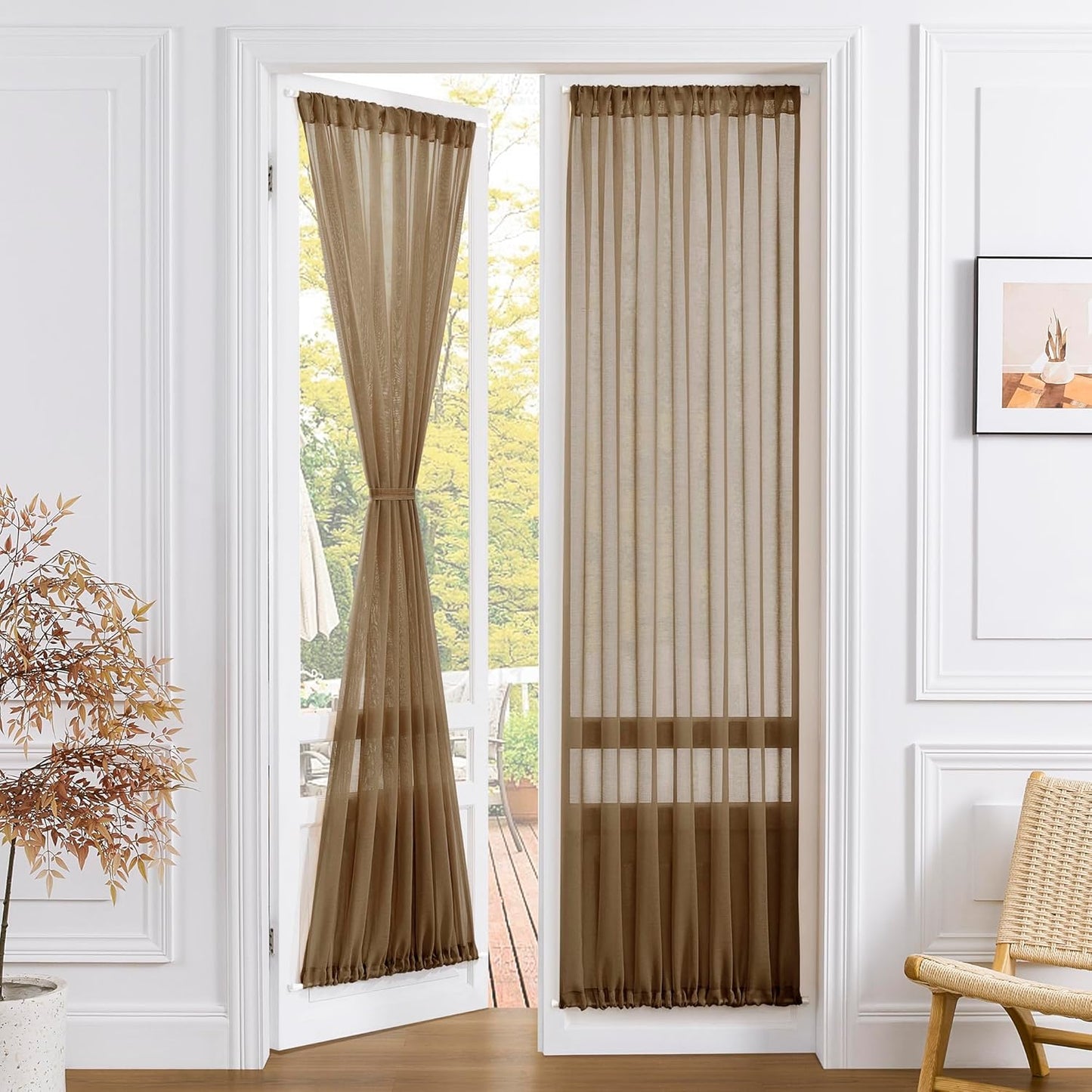 Tollpiz Sheer Door Curtains Closet Linen Textured Curtain Sheers Doorway Light Filtering Voile Patio Glass Door Rod Pocket Curtains French Door, 54 x 80 inches Long, Brown, Set of 1 Panel