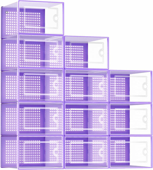 Kuject Shoe Organizers Storage Boxes for Closet, 12 Pack Clear Plastic Stackable Storage Bins with Lids, Under Bed Shoe Containers for Entryway, Drop Front, Fit up to Women's Size 10,Purple