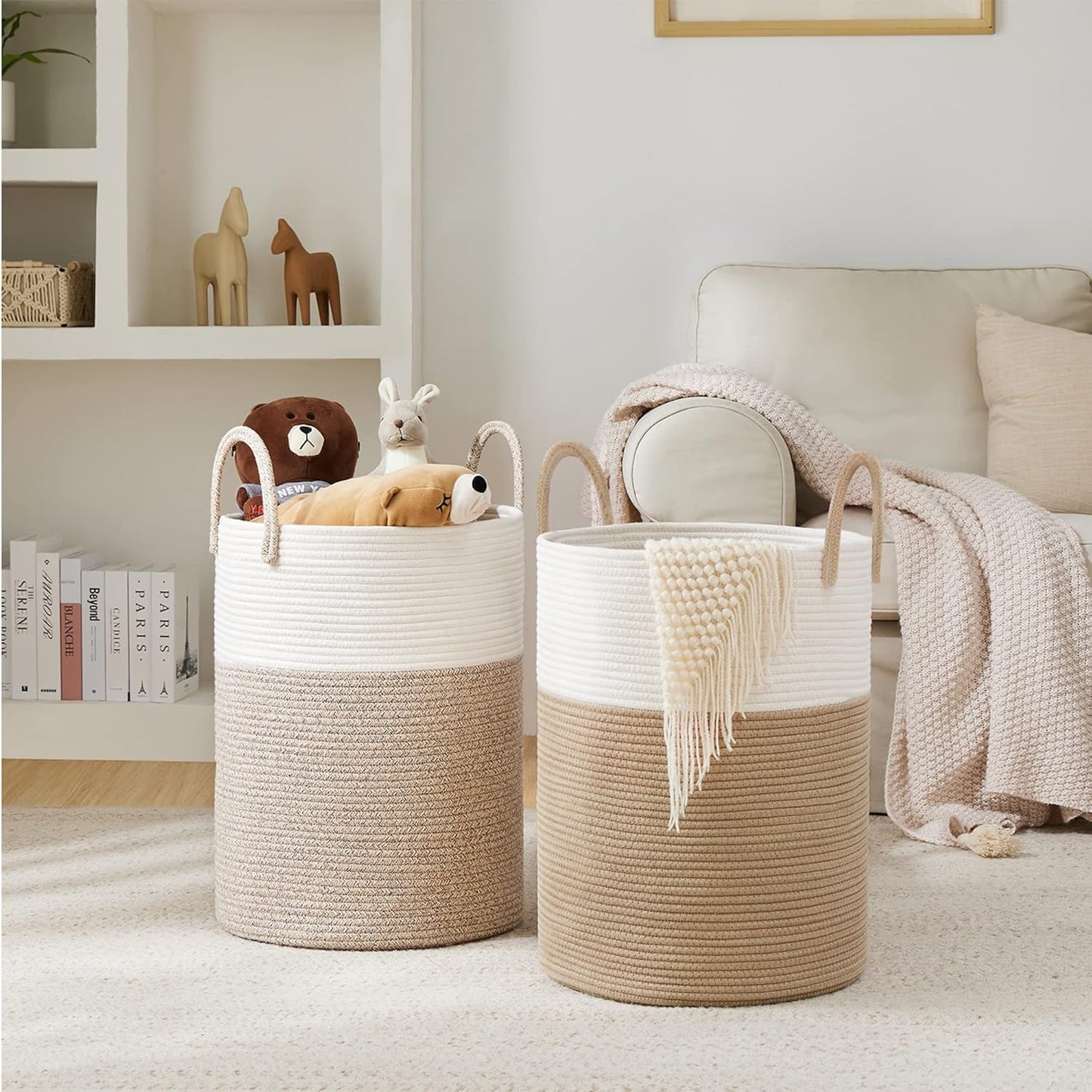 YOUDENOVA Woven Rope Laundry Hamper Basket, 58L Tall Laundry Basket, Baby Nursery Hamper for Blanket Storage in Bedroom-Large-Brown