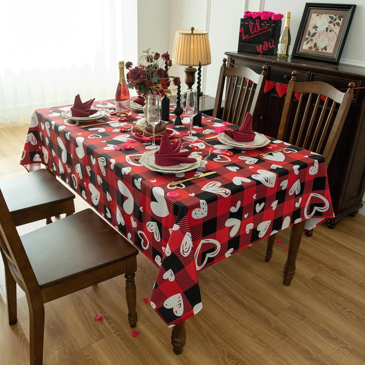 Waterproof Checkered Tablecloth Fabric - Rectangle 58x84 Inch Happy Valentine Table Cloth for Indoor/Outdoor Use - Red Checkered Table Cover for Kitchen, Dinner, and Parties