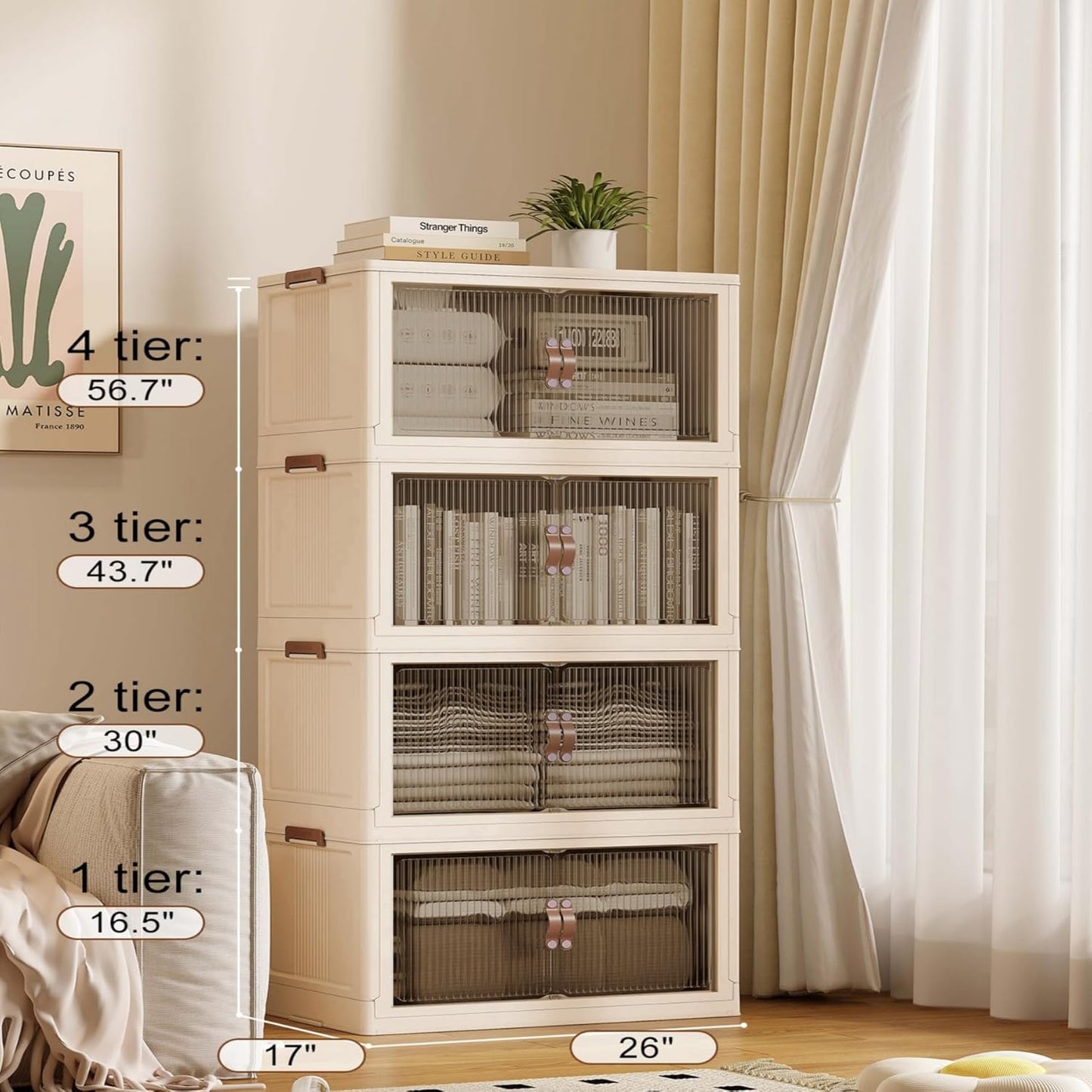 SAILUN 109Gal/434Qt Stackable Storage Bins Folding Collapsible Storage Bins with Lid, Closet Organizers and Storage Box Beige 26" W x 17" D x 56.7" H