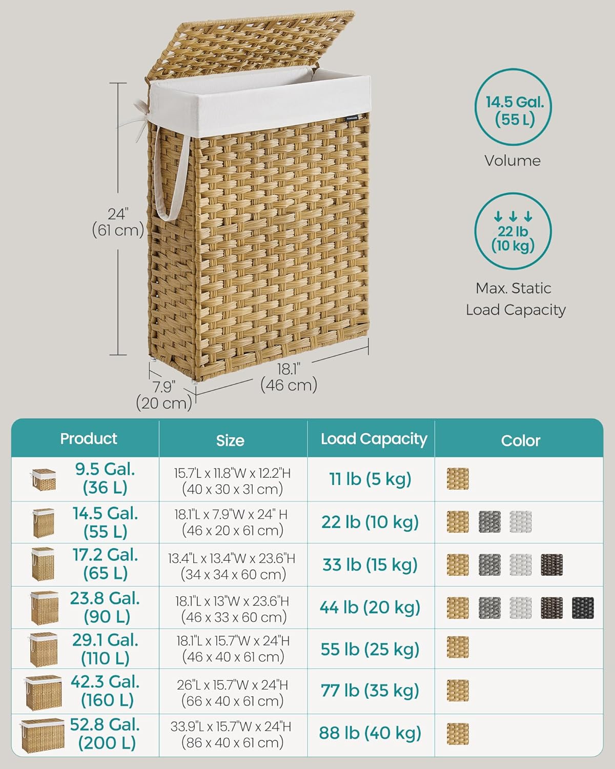 SONGMICS Slim Laundry Hamper with Lid, 14.5 Gallon (55L) Rattan Clothes Laundry Basket with Lid and Handles, Foldable, Removable Liner, Goose Yellow ULCB164N01